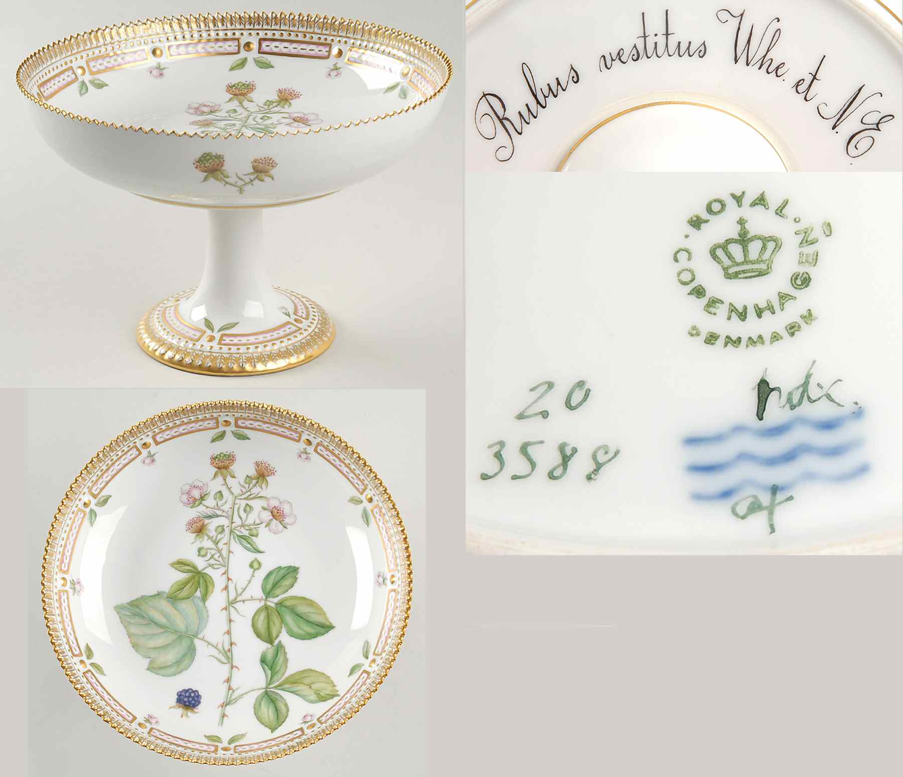 Flora Danica (1961 To Current) Round High Foot Cake Plate-Rubus vestitus Whe et N by Royal Copenhagen-1