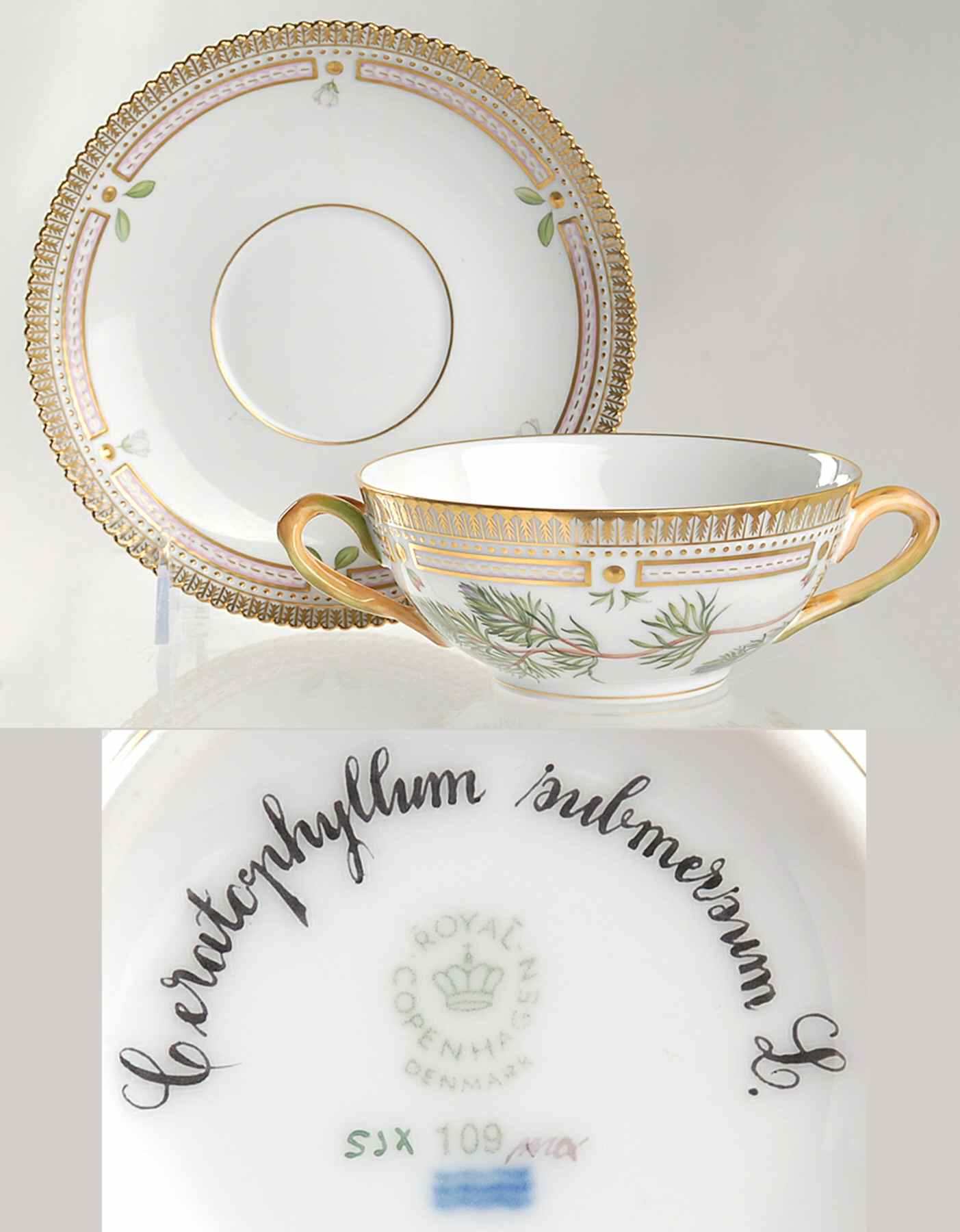 Flora Danica (1961 To Current) Flat Cream Soup & Saucer-Ceratophyllum submersum L by Royal Copenhagen-1