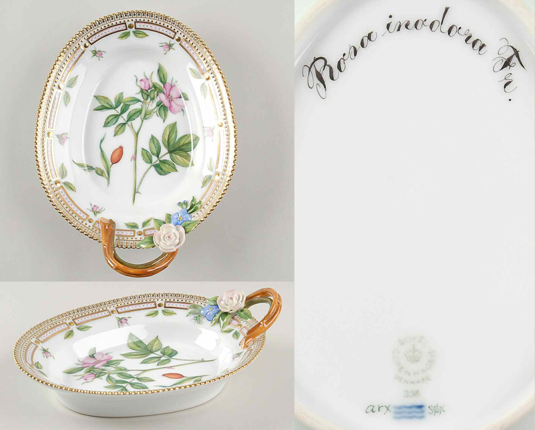Flora Danica (1961 To Current) 8" Oval Handled Pickle/Accent-Rosa inodora Fr. by Royal Copenhagen-1