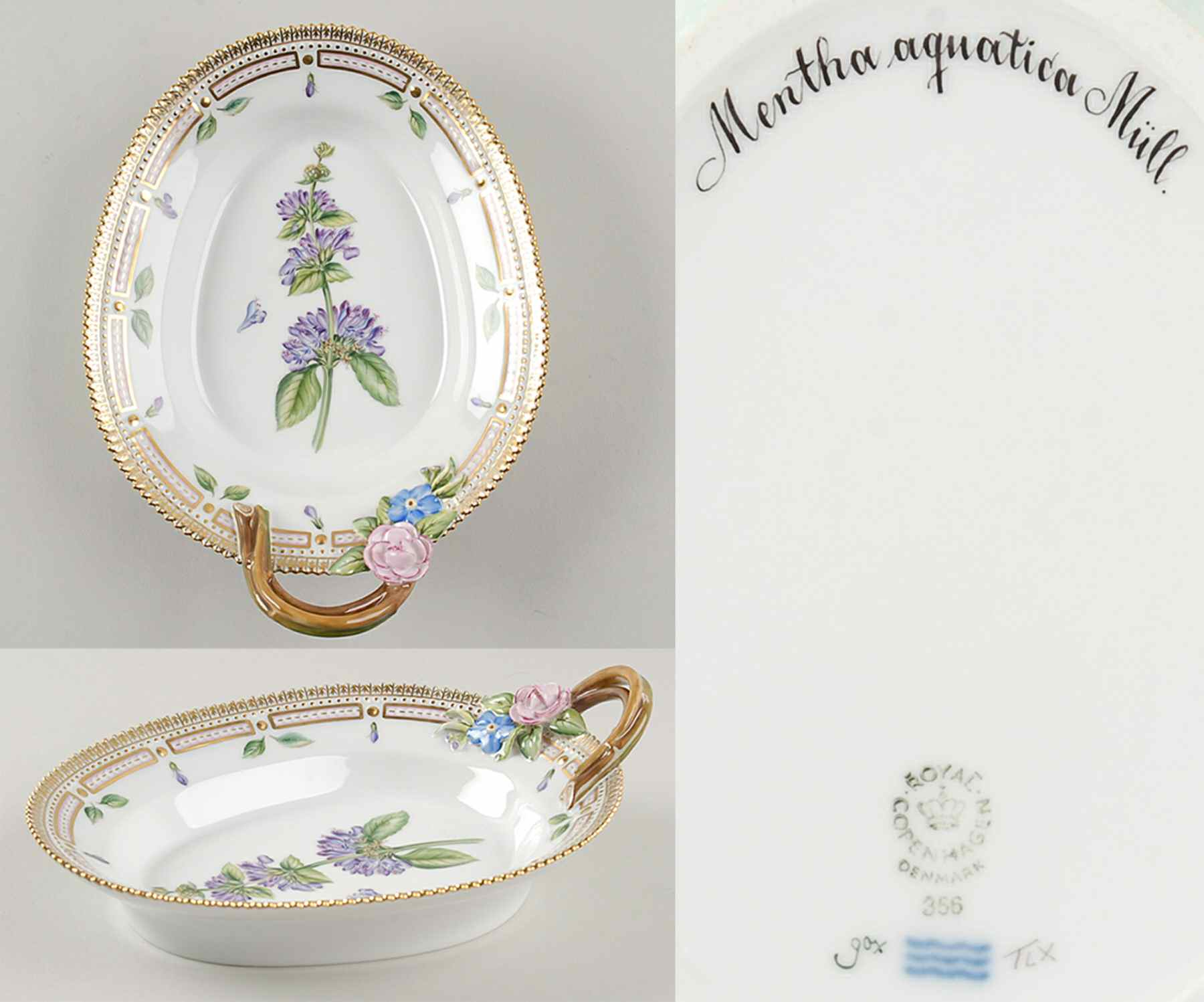 Flora Danica (1961 To Current) 8" Oval Handled Pickle/Accent-Mentha aquatica Mull by Royal Copenhagen-1