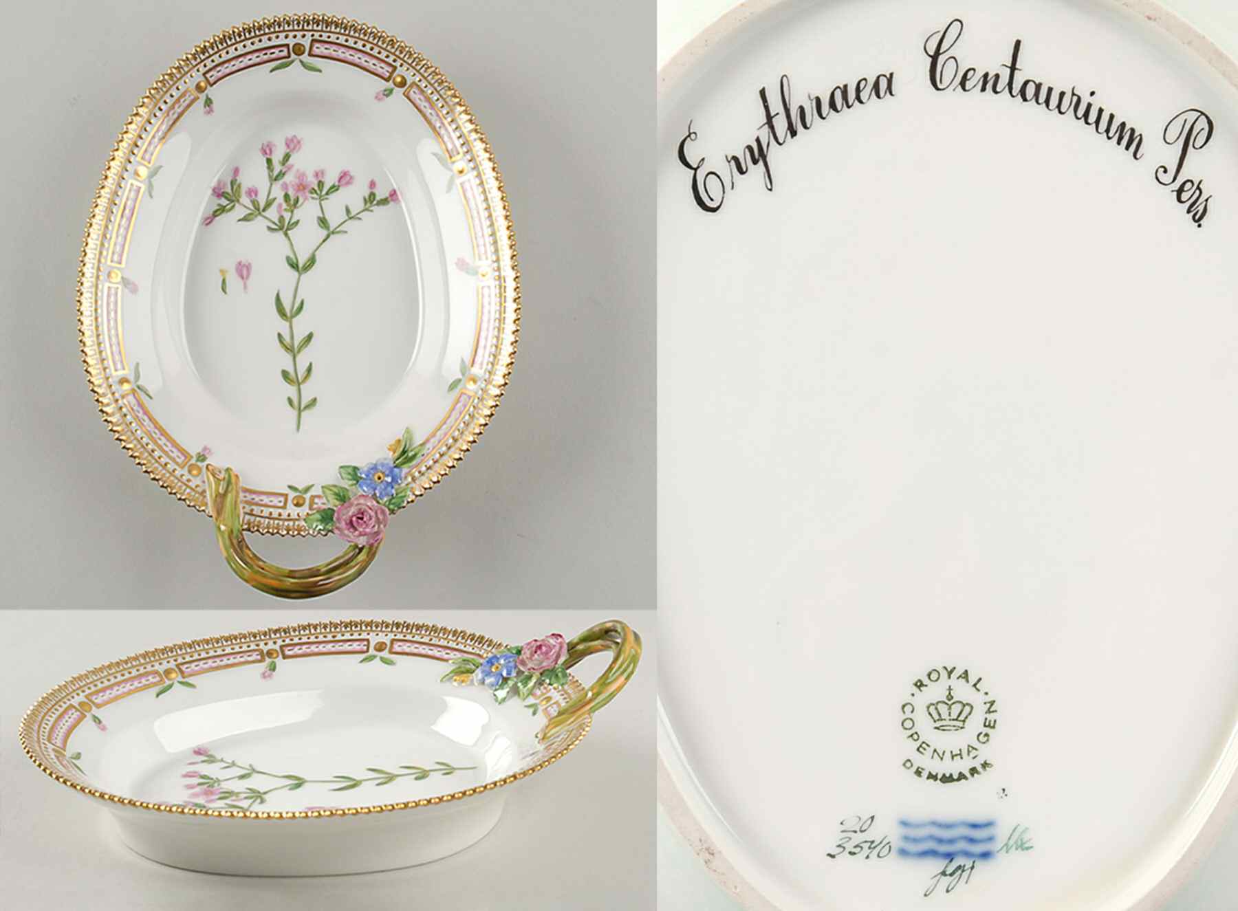 Flora Danica (1961 To Current) 8" Oval Handled Pickle/Accent-Erythraea Centaurium by Royal Copenhagen-1