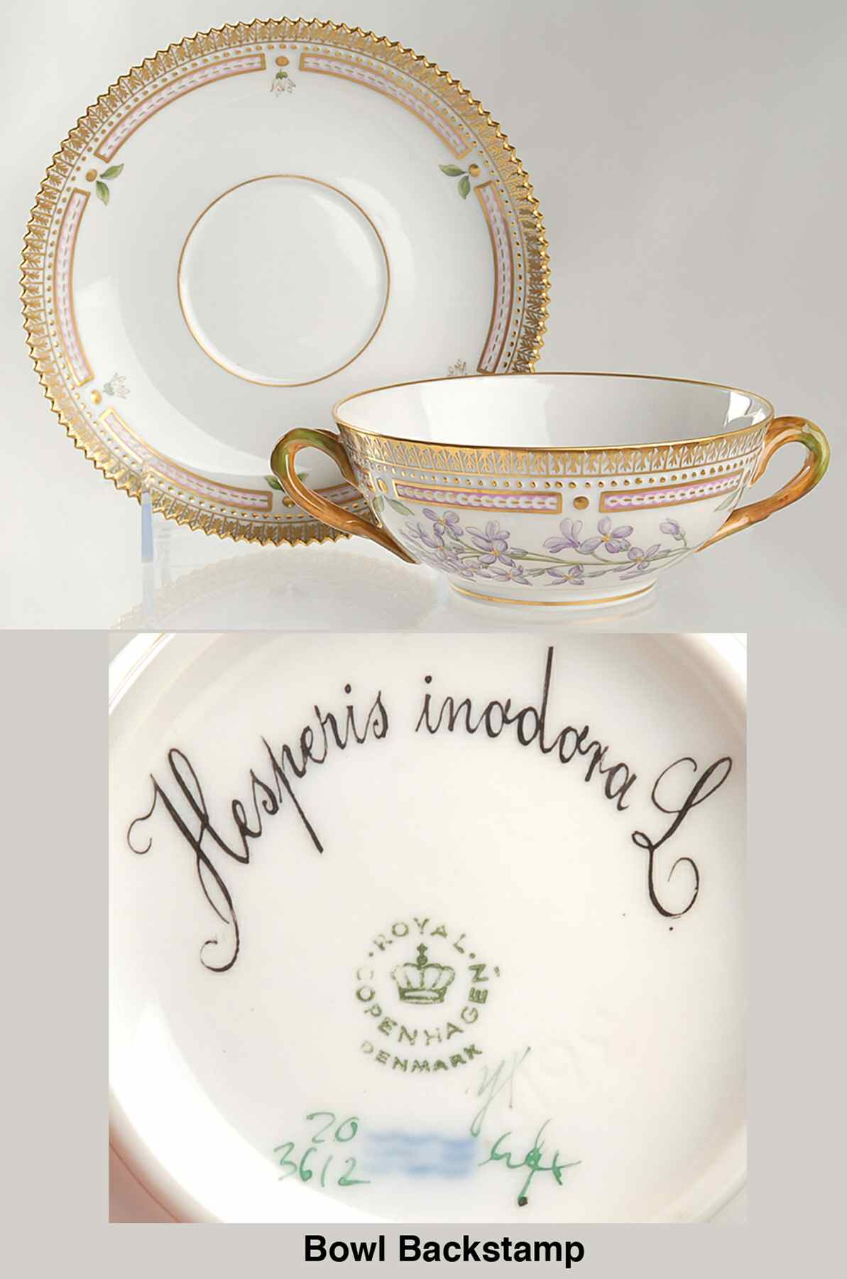 Flora Danica (1961 To Current) Flat Cream Soup & Saucer-Hesperis inodora L by Royal Copenhagen-1