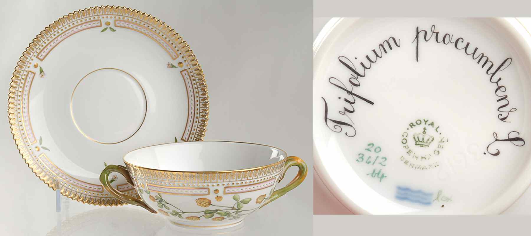 Flora Danica (1961 To Current) Flat Cream Soup & Saucer-Trifolium procumbens L by Royal Copenhagen-1