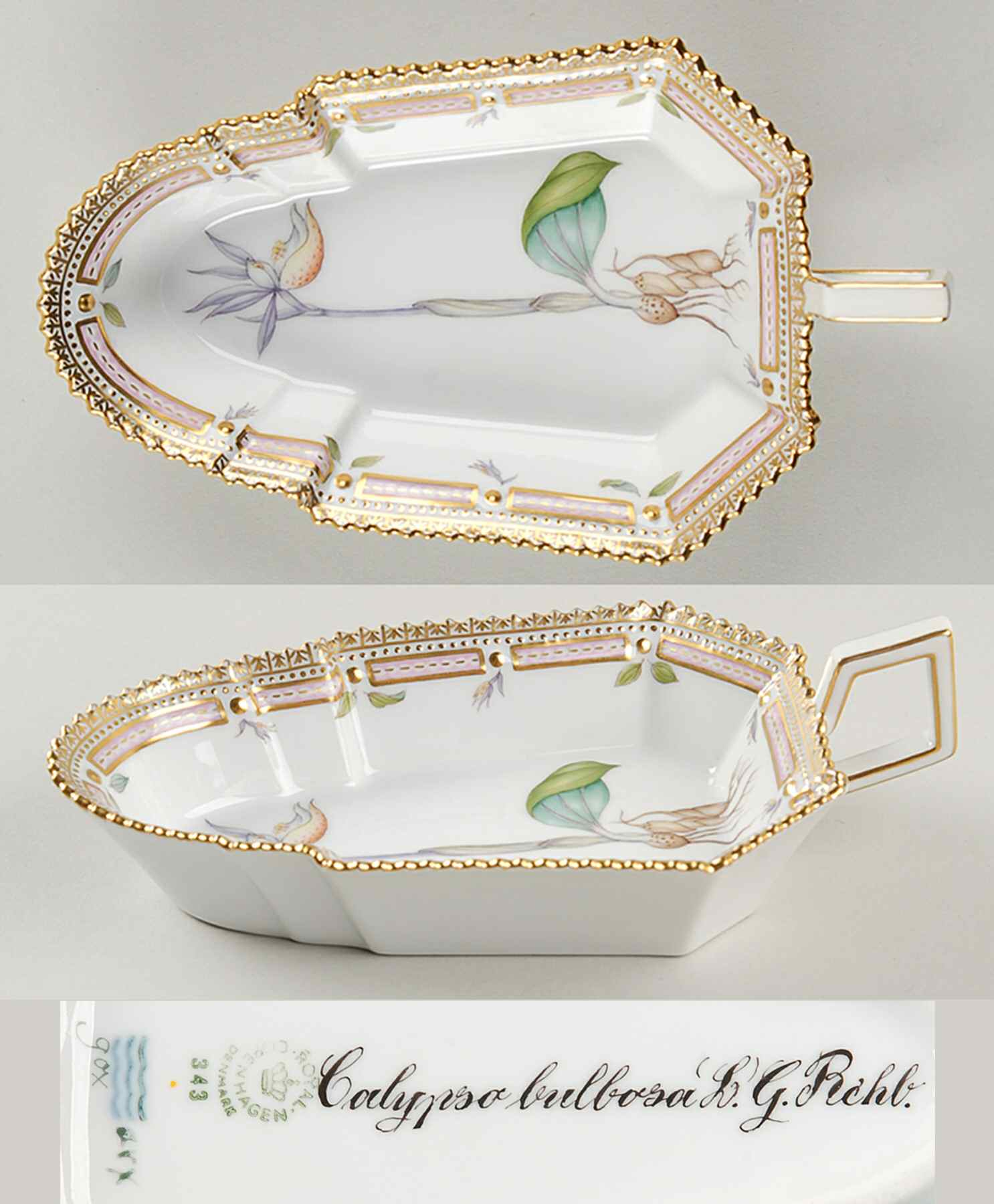 Flora Danica (1961 To Current) 7" Pickle/Accent Dish-Calypso bulbosa L G Rchb by Royal Copenhagen-1