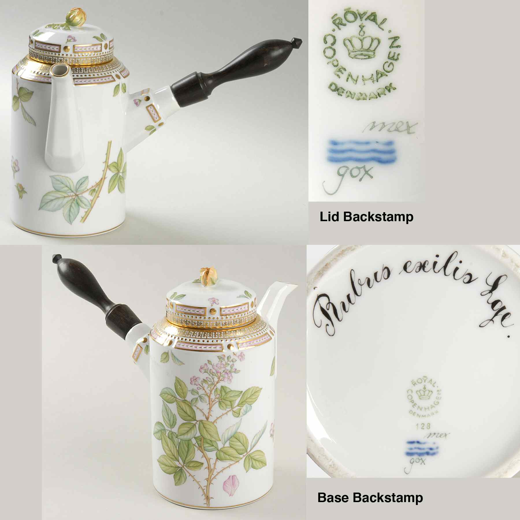 Flora Danica (1961 To Current) Ebony Handle Coffee Pot & Lid-Rubus exilis Lge by Royal Copenhagen-1
