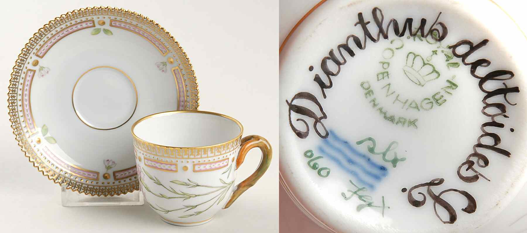 Flora Danica (1961 To Current) Flat Demitasse Cup & Saucer-Dianthus deltoides L by Royal Copenhagen-1