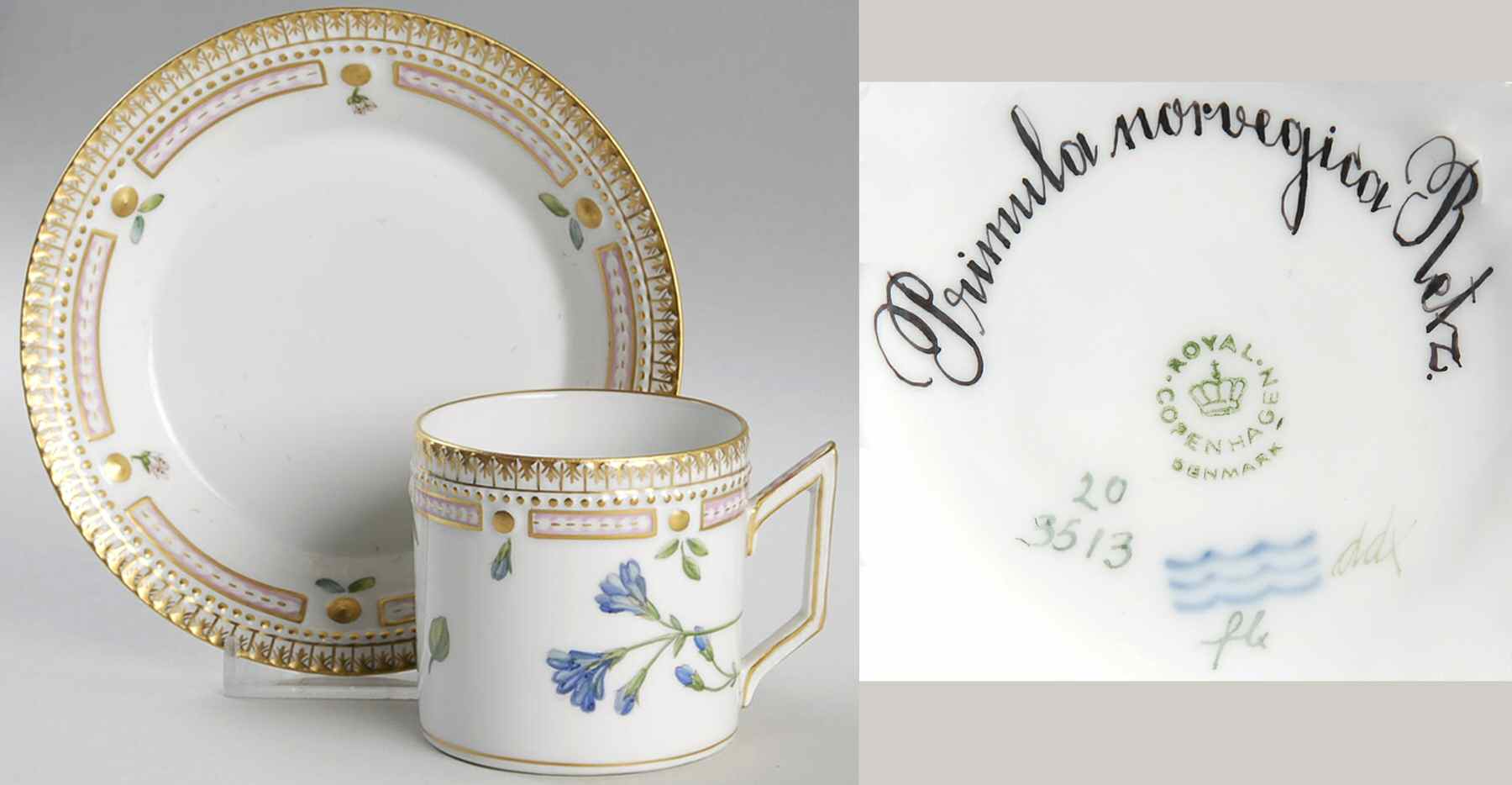 Flora Danica (1961 To Current) Chocolate Cup & Smooth Saucer-Primula norvegica Re by Royal Copenhagen-1
