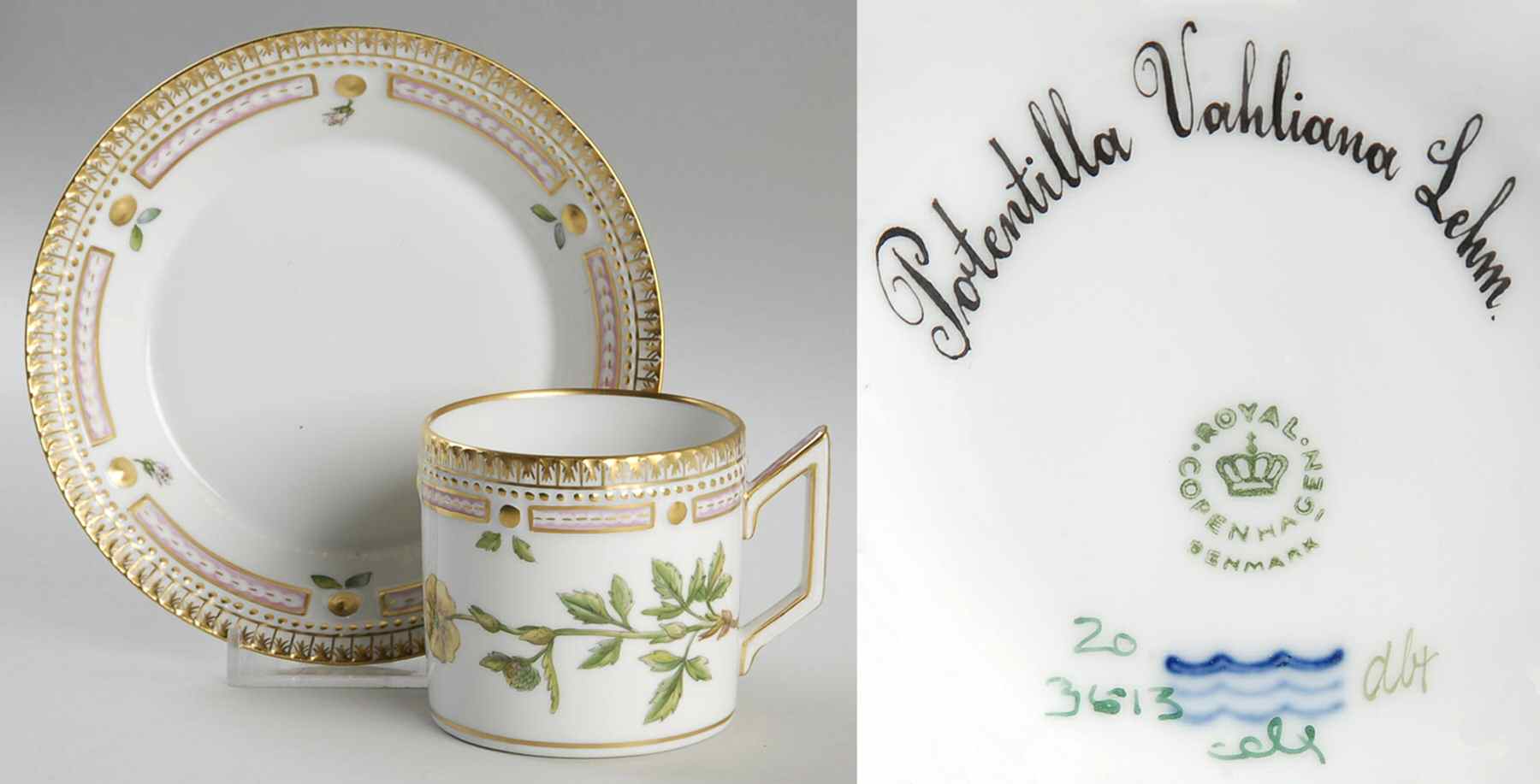 Flora Danica (1961 To Current) Chocolate Cup & Smooth Saucer-Potentilla Vahlaiana by Royal Copenhagen-1