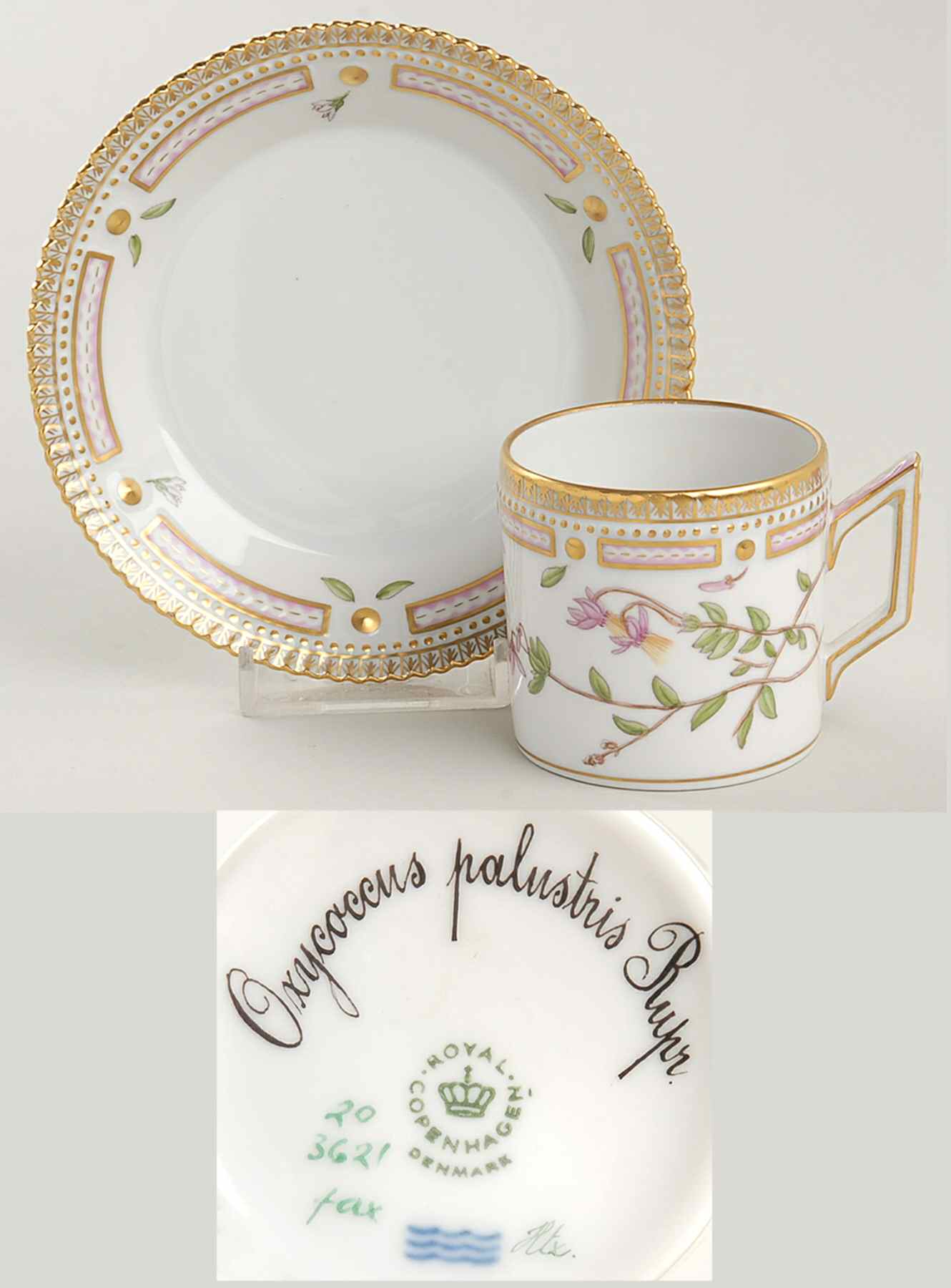 Flora Danica (1961 To Current) Flat Demitasse Cup & Saucer-Oxycoccus palustris Ru by Royal Copenhagen-1