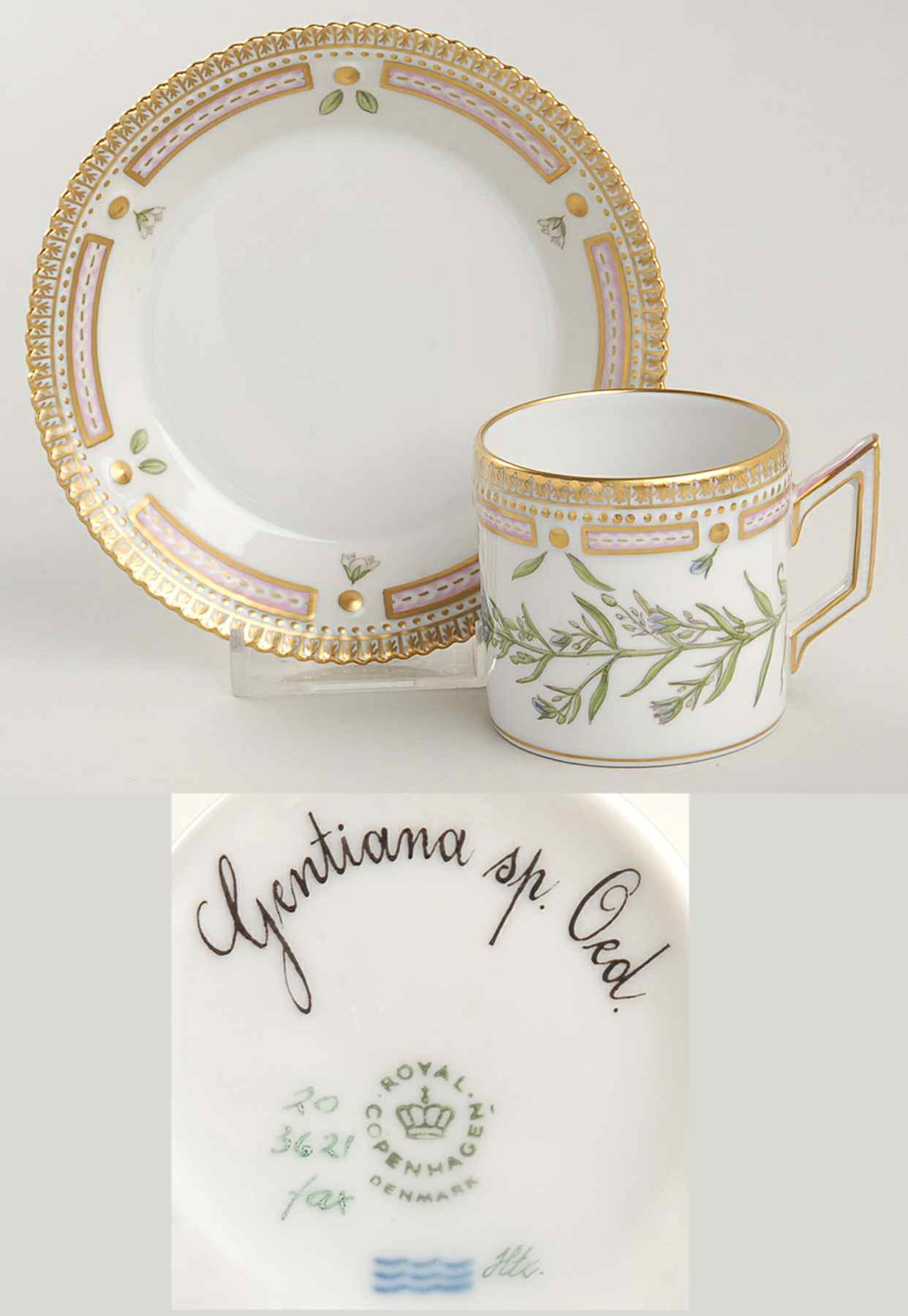 Flora Danica (1961 To Current) Flat Demitasse Cup & Saucer-Gentiana sp Oed by Royal Copenhagen-1