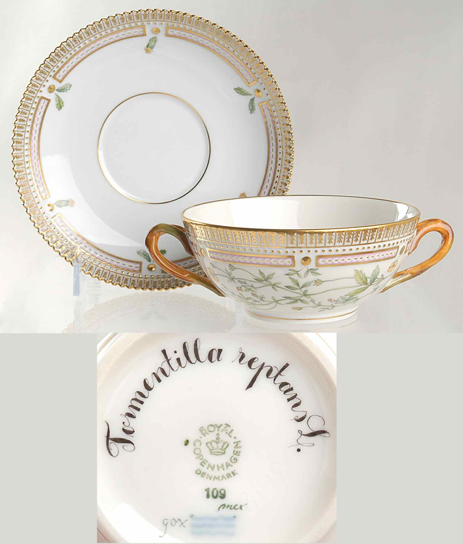 Flora Danica (1961 To Current) Flat Cream Soup & Saucer-Tormentilla reptans L by Royal Copenhagen-1