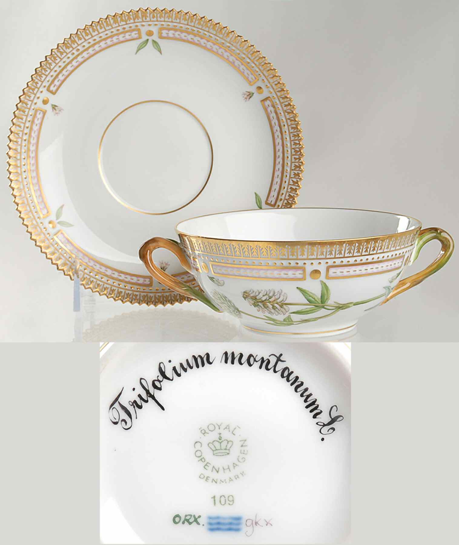 Flora Danica (1961 To Current) Flat Cream Soup & Saucer-Trifolium montanum L by Royal Copenhagen-1