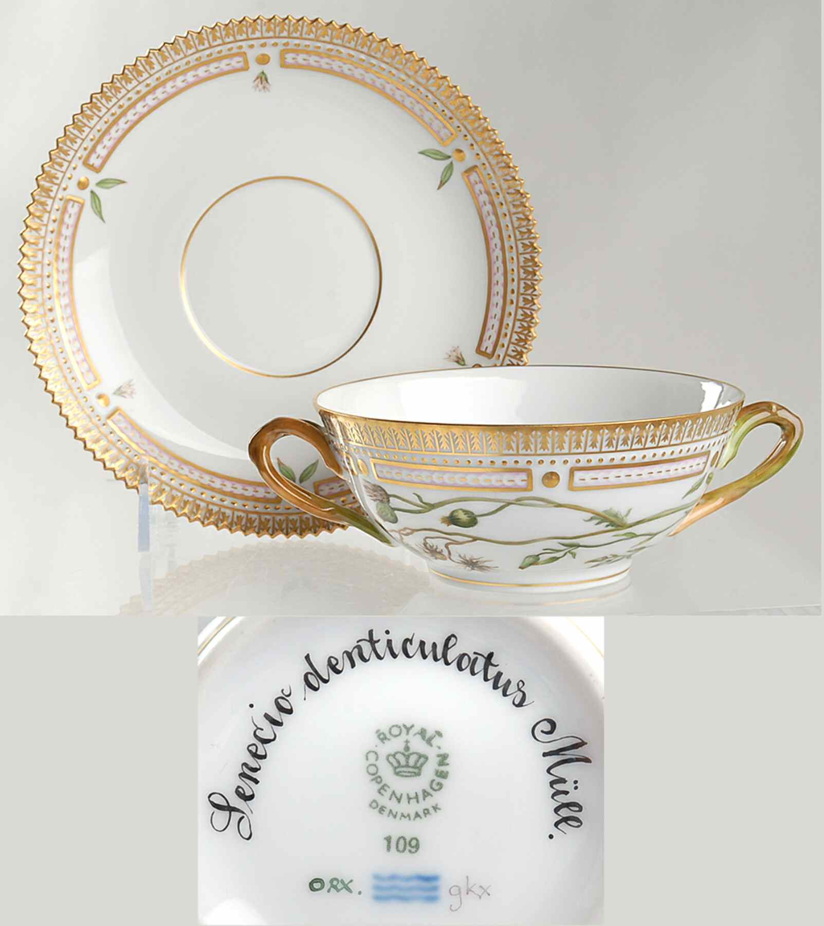 Flora Danica (1961 To Current) Flat Cream Soup & Saucer-Senecio denticulatus Mull by Royal Copenhagen-1