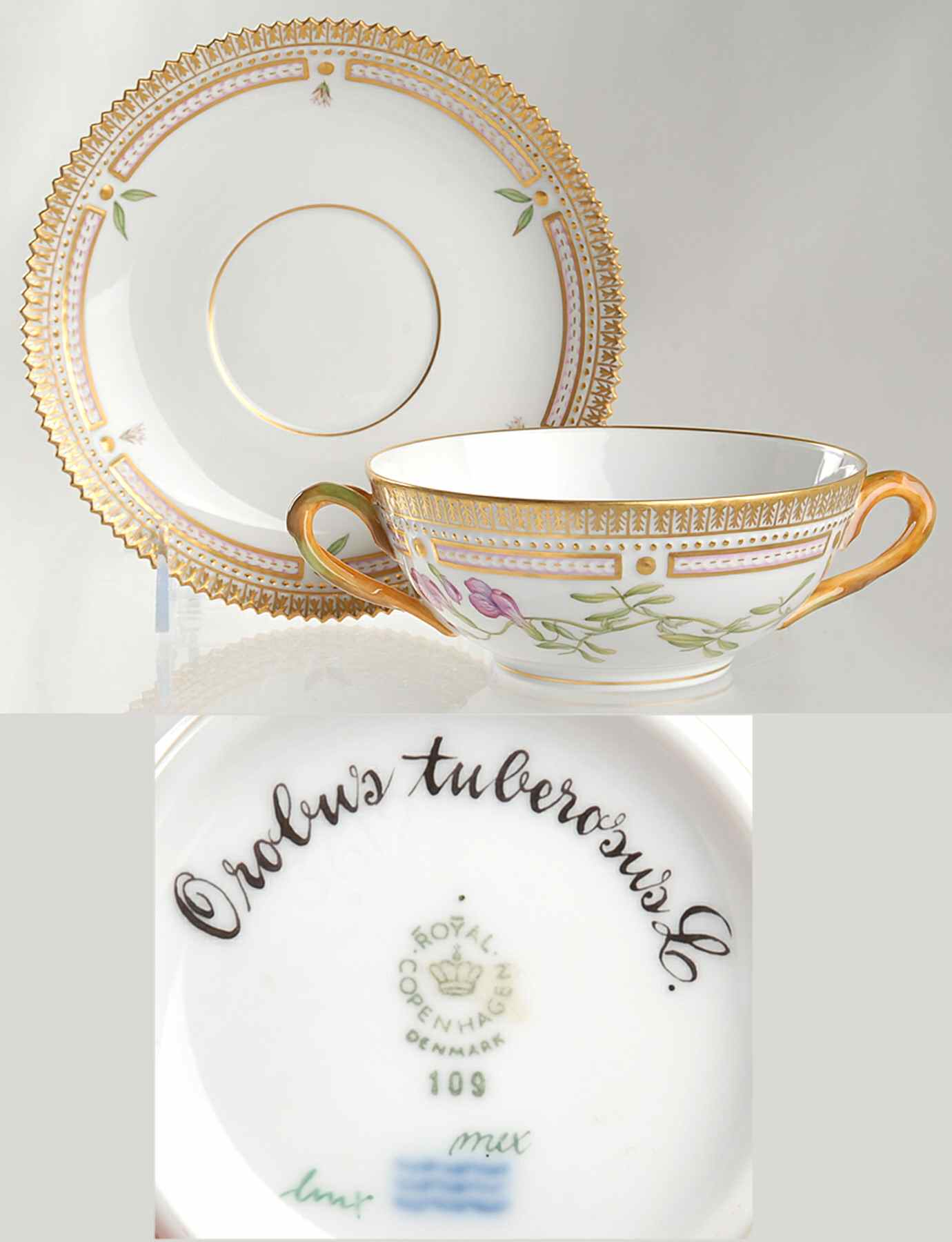 Flora Danica (1961 To Current) Flat Cream Soup & Saucer-Orobus tuberosus L by Royal Copenhagen-1