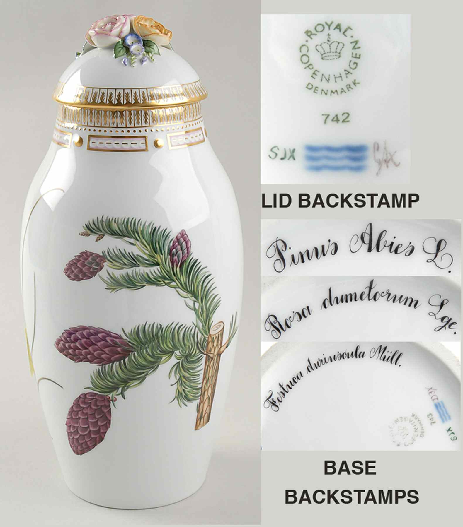Flora Danica (1961 To Current) 13" Large Covered Vase-Winter-Ros Dum, Fes Dur, Pi by Royal Copenhagen-1