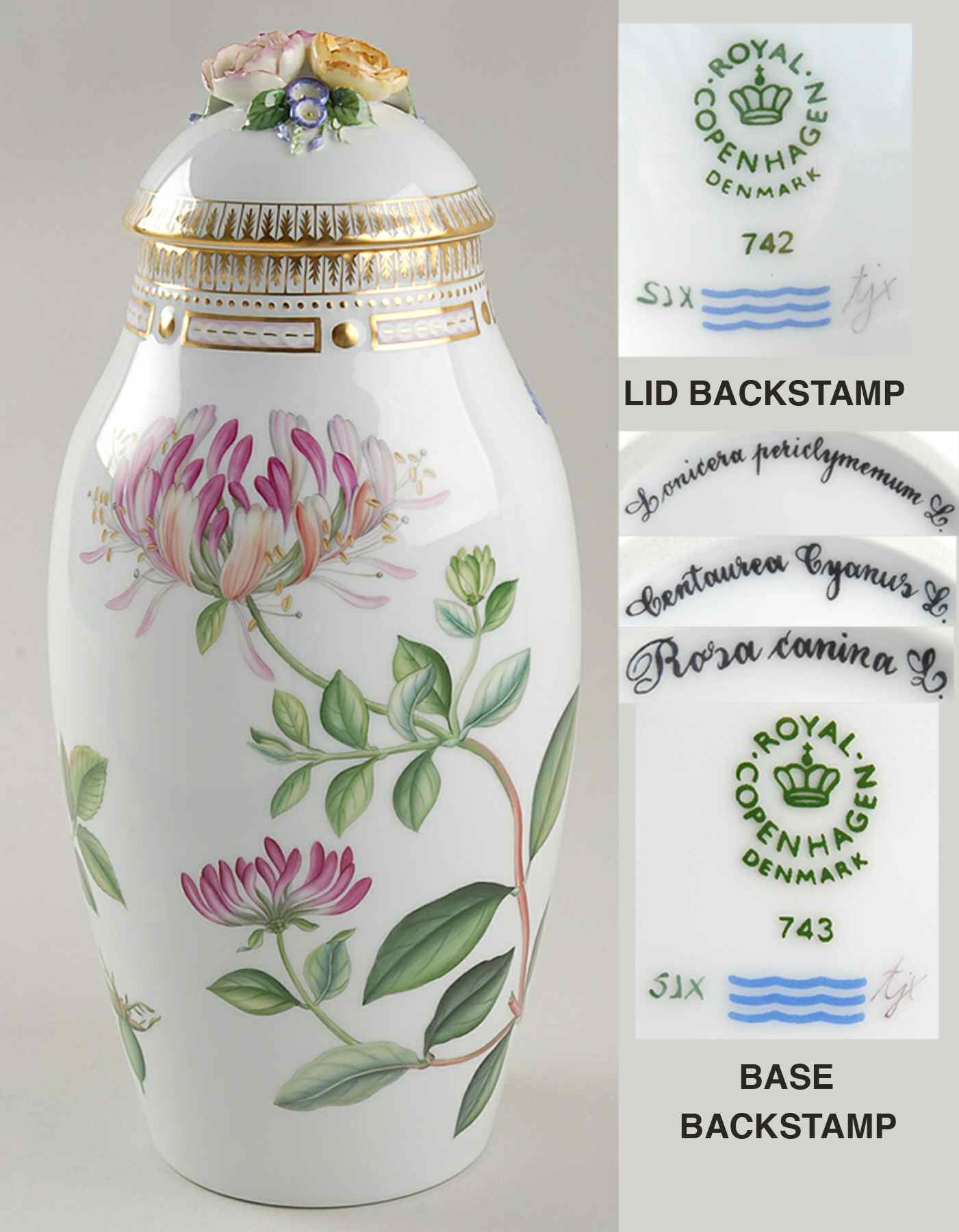 Flora Danica (1961 To Current) 13" Large Covered Vase-Summer-Lon Per, Cen Cya, Ro by Royal Copenhagen-1