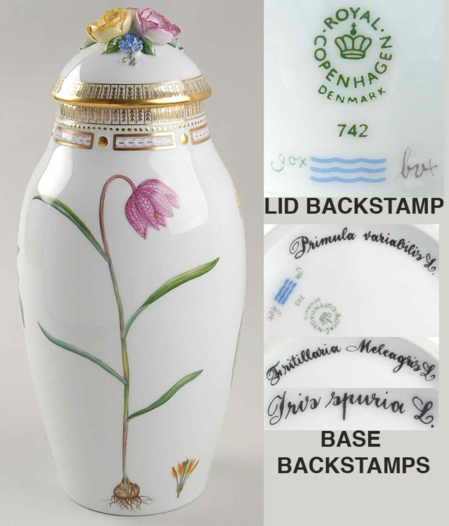 Flora Danica (1961 To Current) 13" Large Covered Vase-Spring-Fri Mel, Iri Spu, Pr by Royal Copenhagen-1