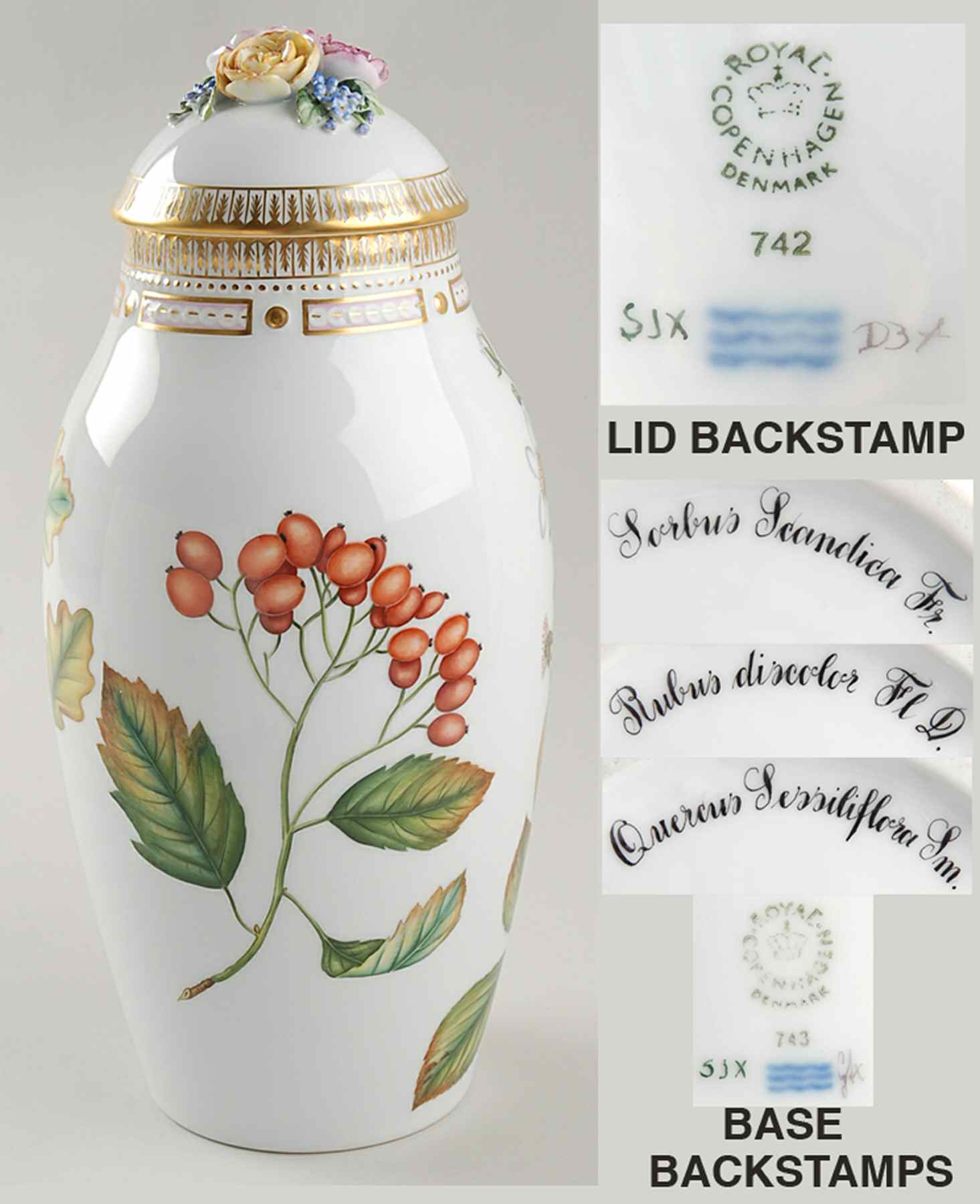 Flora Danica (1961 To Current) 13" Large Covered Vase-Autumn-Sor Sca, Rub Dis, Qu by Royal Copenhagen-1