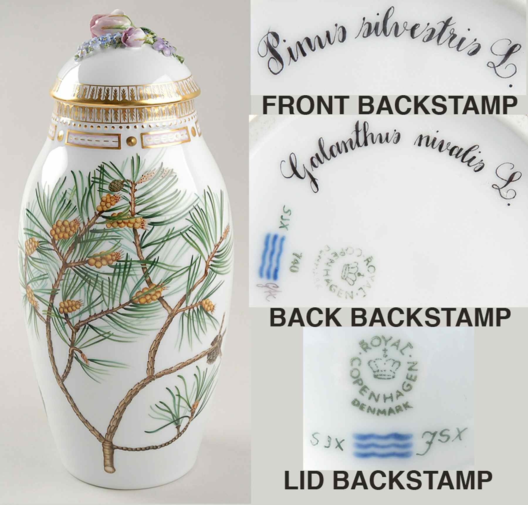 Flora Danica (1961 To Current) 12" Small Covered Vase-Winter-Gal Niv, Pin Silvest by Royal Copenhagen-1