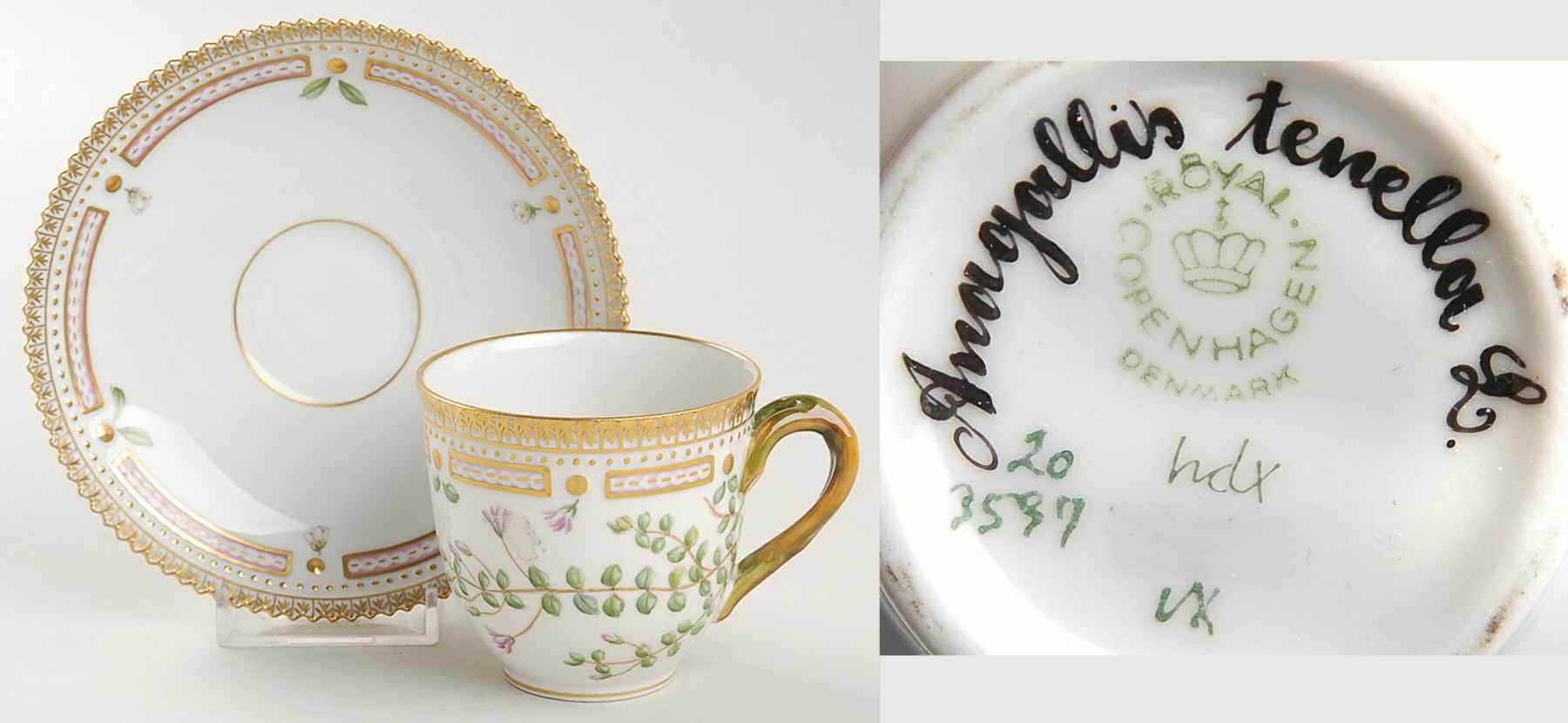 Flora Danica (1961 To Current) Flat Cup & Saucer Set-Anagallis tenella L by Royal Copenhagen-1