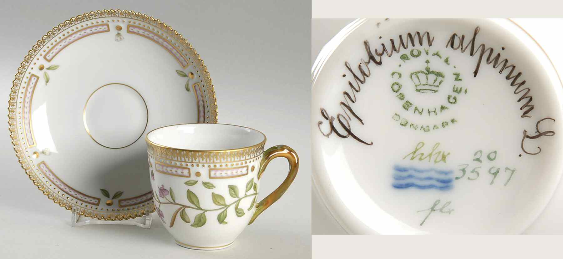 Flora Danica (1961 To Current) Flat Cup & Saucer Set-Epilobium alpinum L by Royal Copenhagen-1