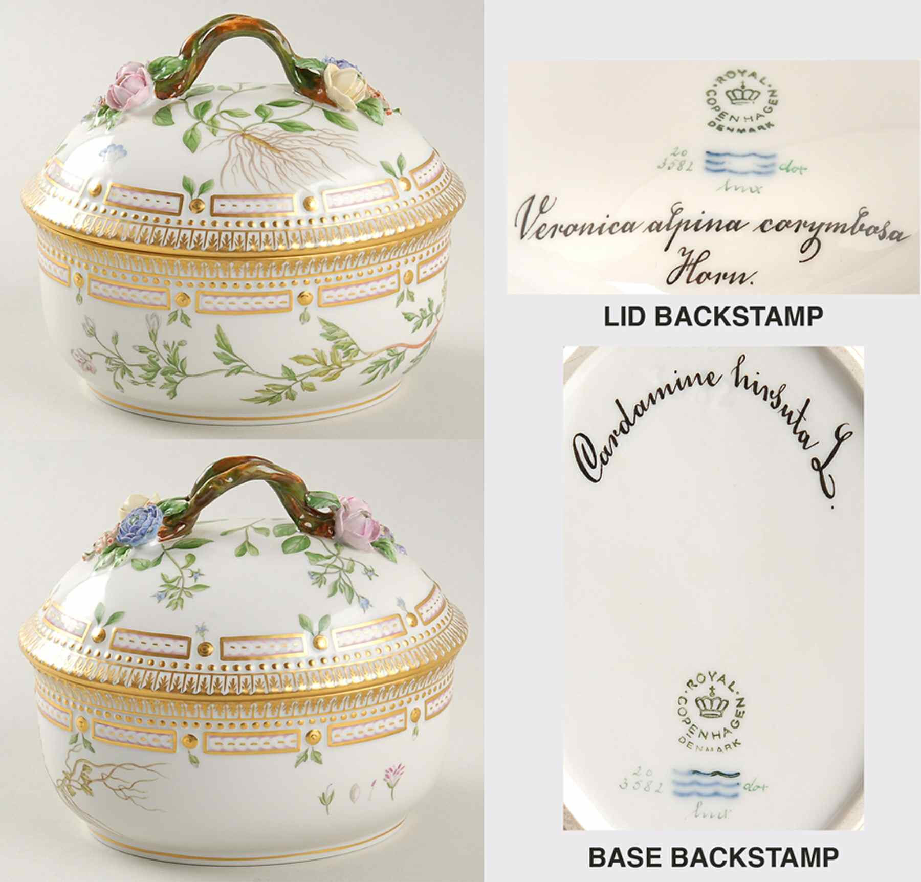Flora Danica (1961 To Current) Large Sugar Bowl & Lid-Veronica alpina & Cardamine by Royal Copenhagen-1