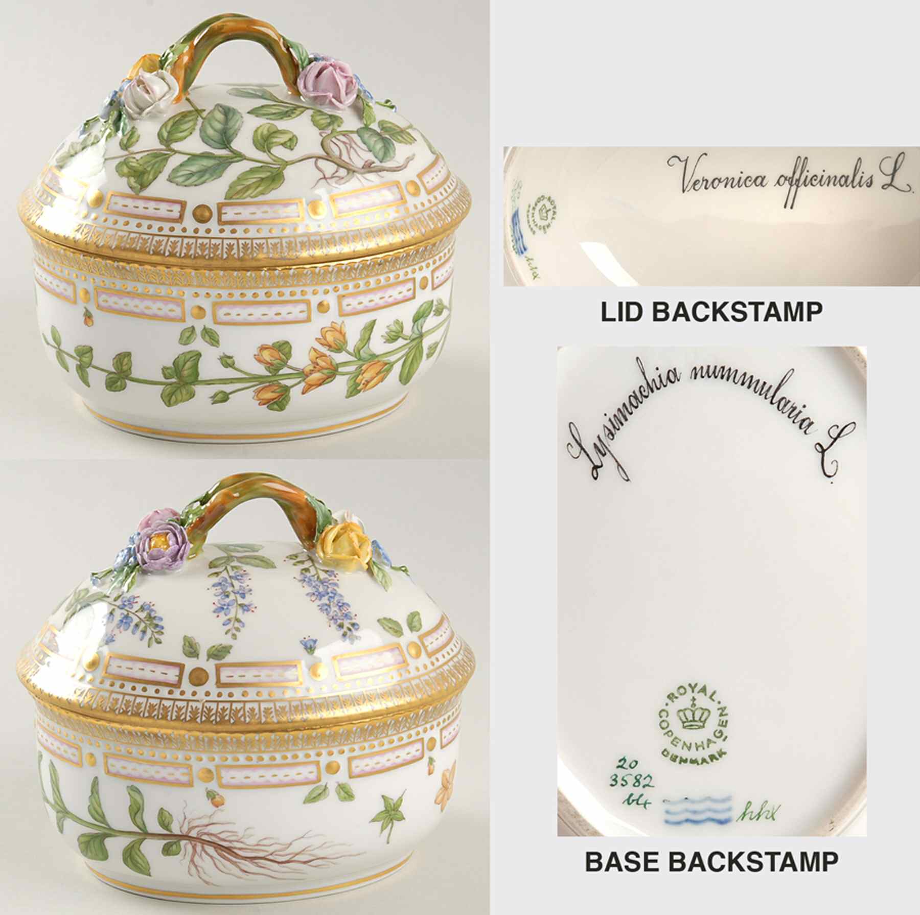 Flora Danica (1961 To Current) Large Sugar Bowl & Lid-Veronica officinalis & Lysi by Royal Copenhagen-1