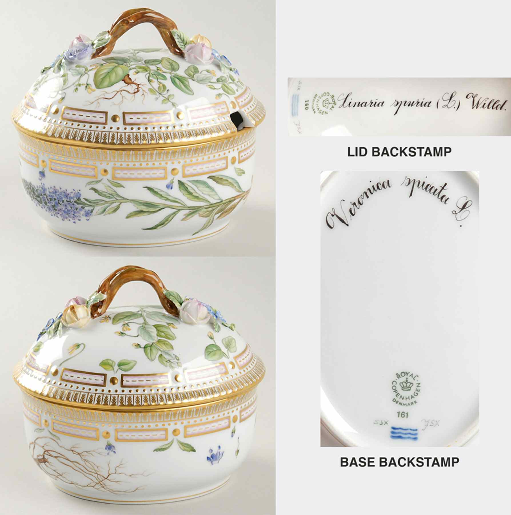 Flora Danica (1961 To Current) Large Sugar Bowl & Lid-Linaria spuria & Veronica s by Royal Copenhagen-1