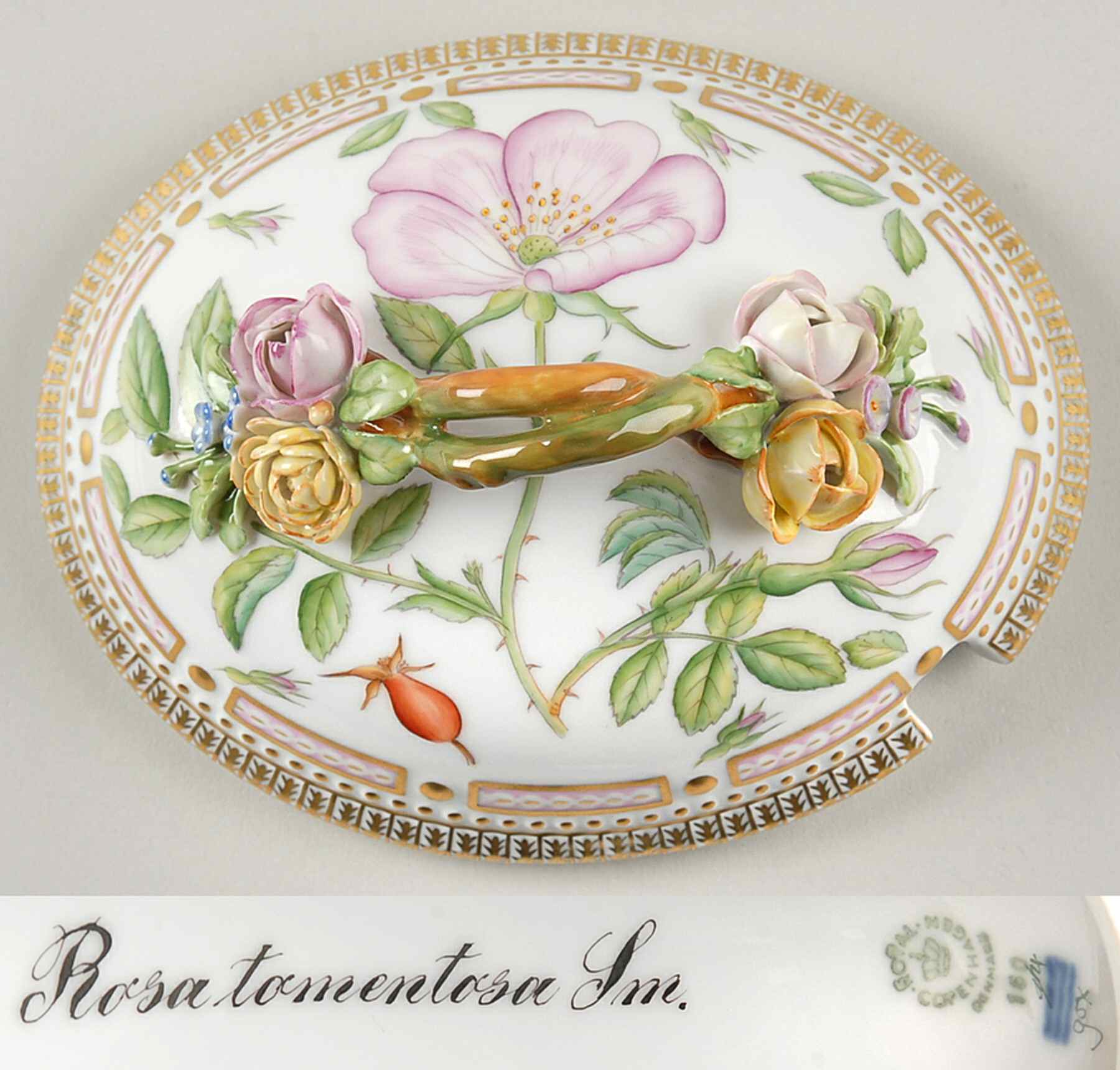 Flora Danica (1961 To Current) Lid for Large Sugar Bowl-Rosa tomentosa Sm by Royal Copenhagen-1