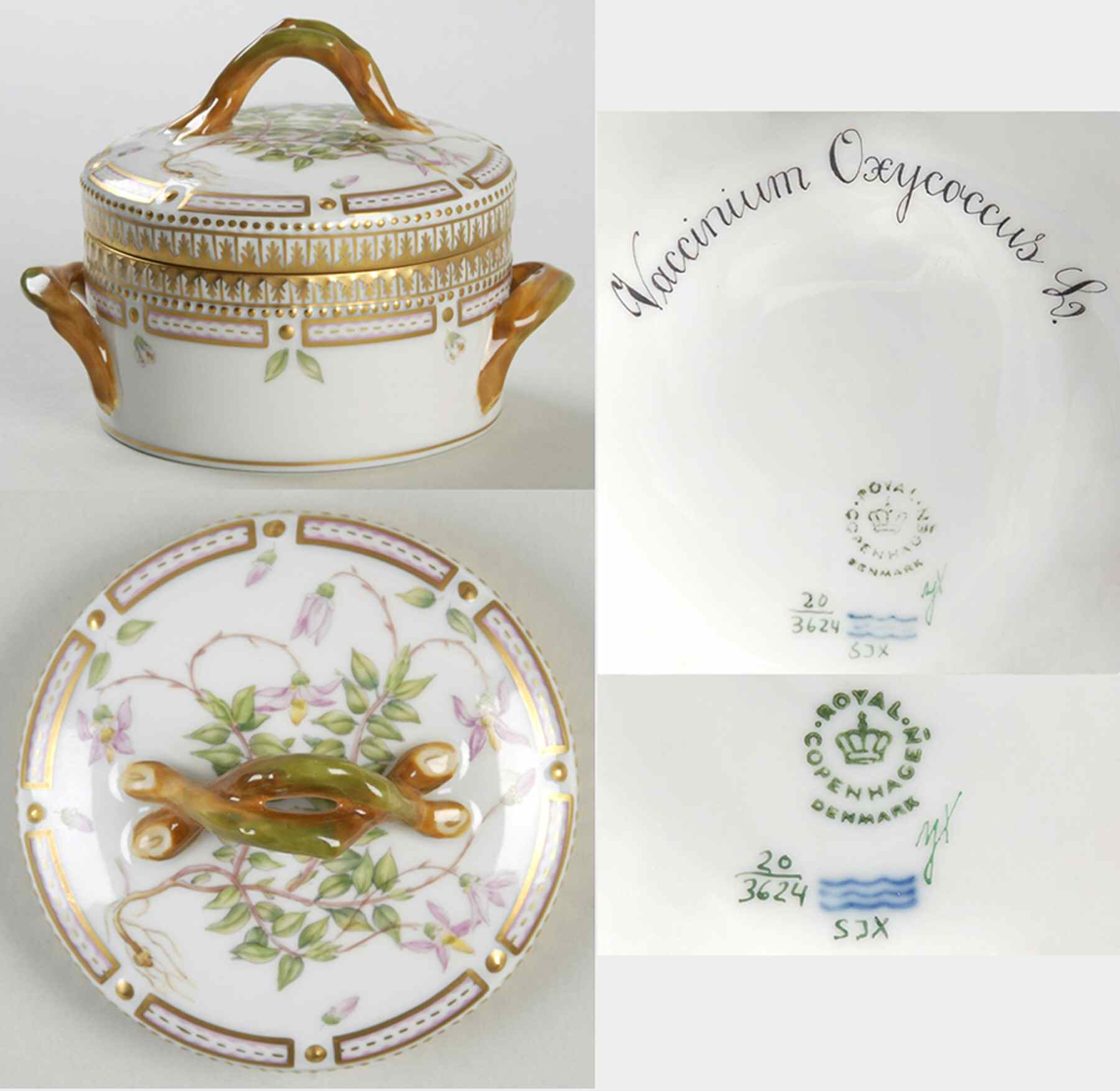 Flora Danica (1961 To Current) Small Sugar Bowl & Lid-Vaccinium Oxycoccus L by Royal Copenhagen-1
