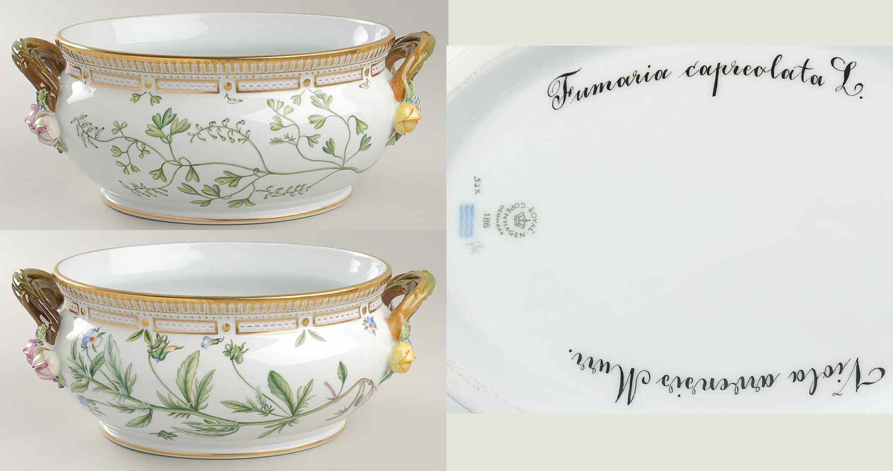 Flora Danica (1961 To Current) 4Qt Oval Tureen No Lid-Fumaria capr,Viola arvensis by Royal Copenhagen-1