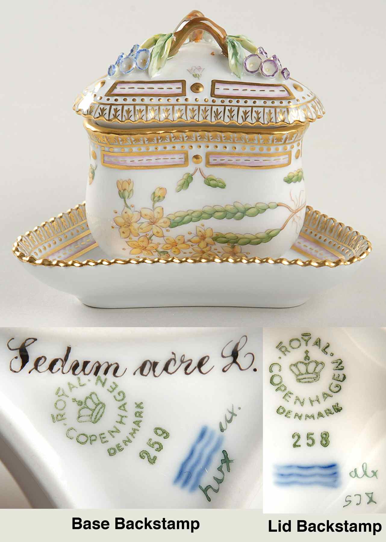 Flora Danica (1961 To Current) Triangular Custard Cup, Saucer & Lid-Sedum acre L by Royal Copenhagen-1