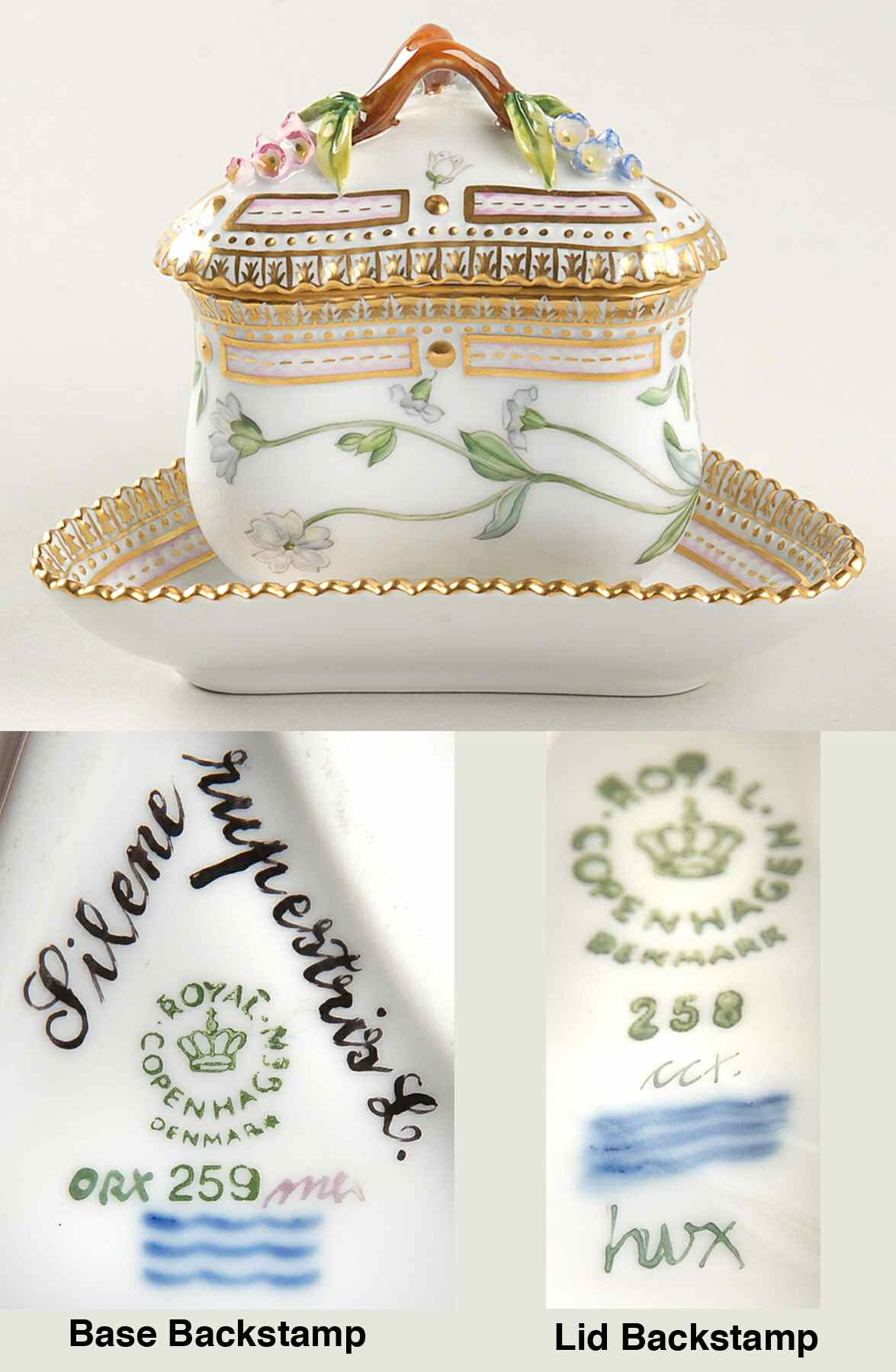 Flora Danica (1961 To Current) Triangular Custard Cup, Saucer & Lid-Silene rupest by Royal Copenhagen-1
