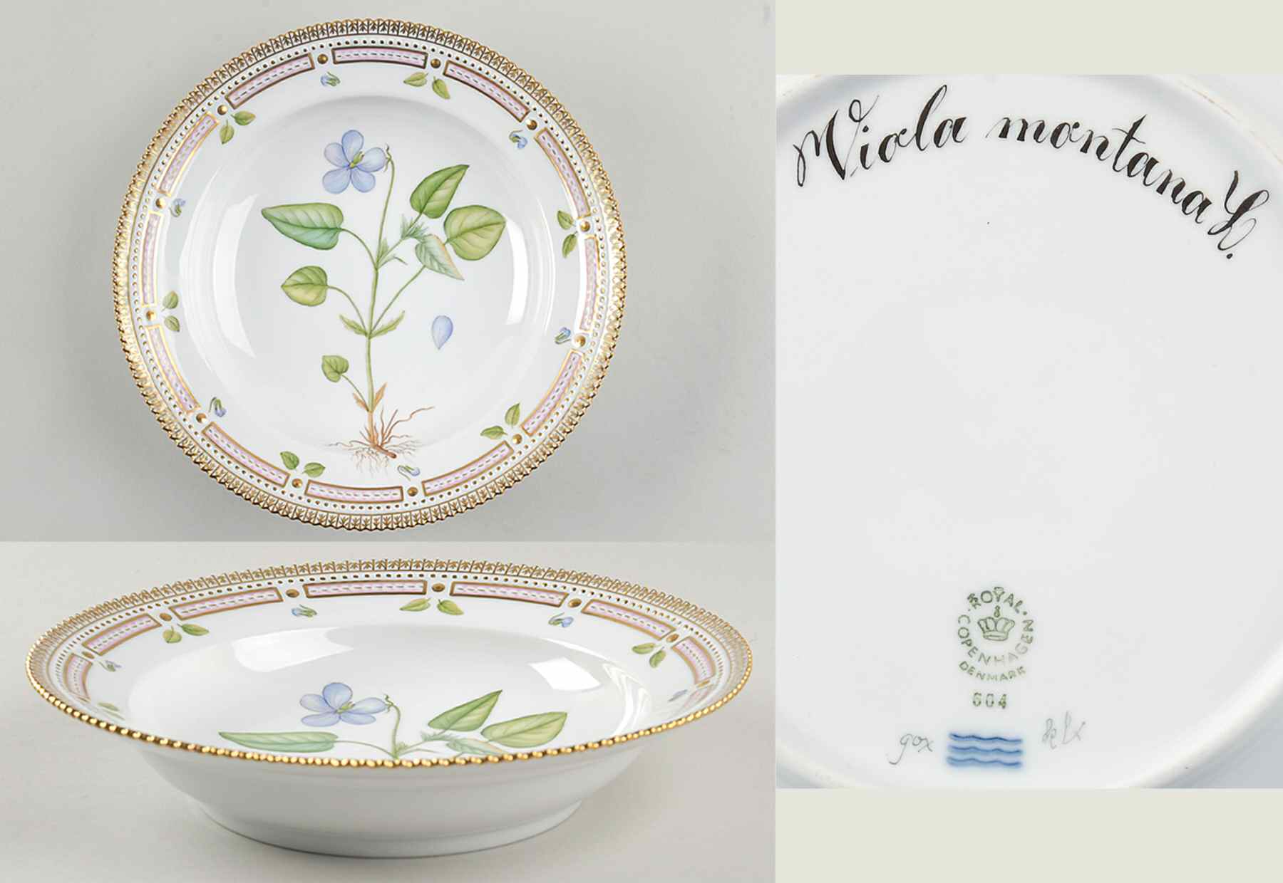 Flora Danica (1961 To Current) Rim Soup Bowl-Viola montana L by Royal Copenhagen-1