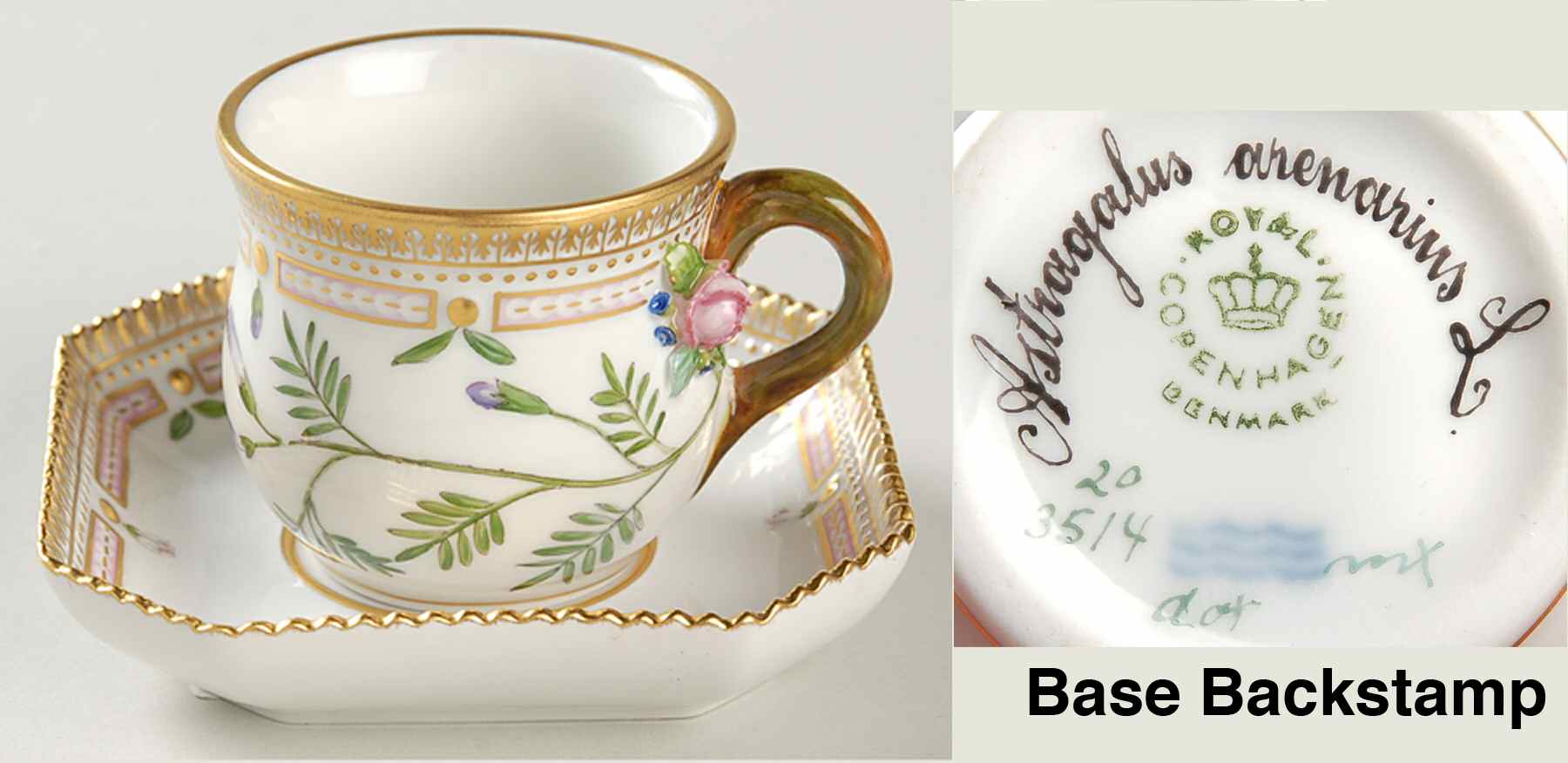 Flora Danica (1961 To Current) Round Custard Cup & Saucer-Astragalus arenarius L by Royal Copenhagen-1