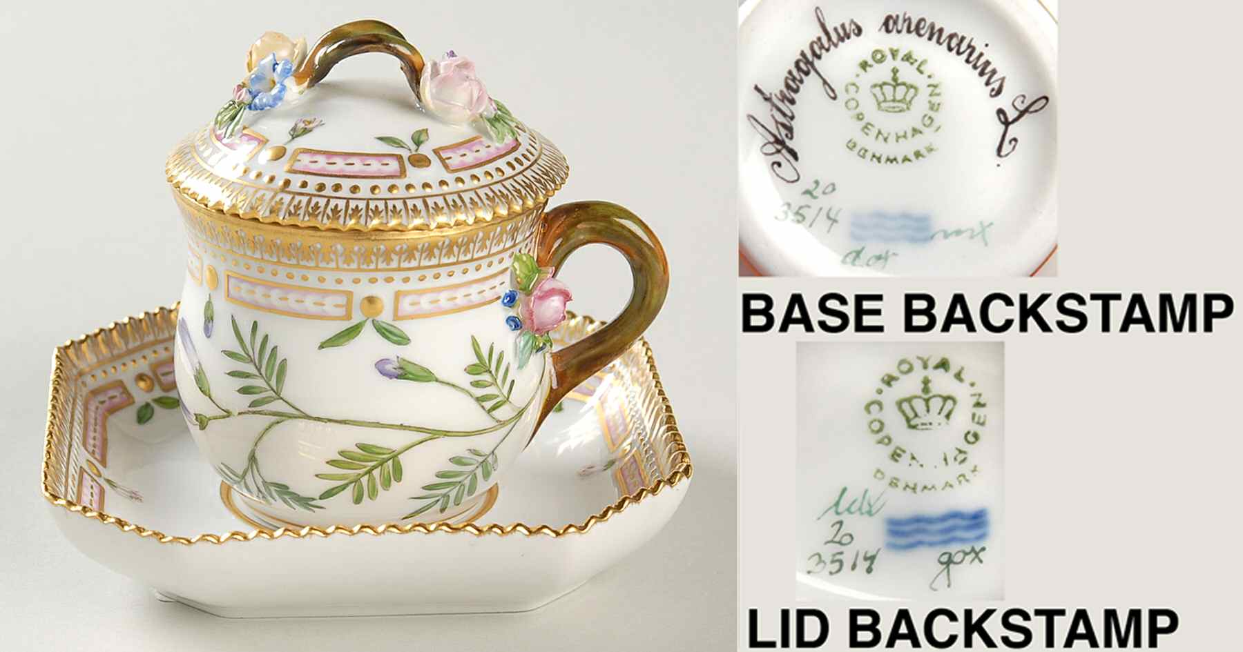 Flora Danica (1961 To Current) Round Custard Cup, Saucer & Lid-Astragalus arenari by Royal Copenhagen-1
