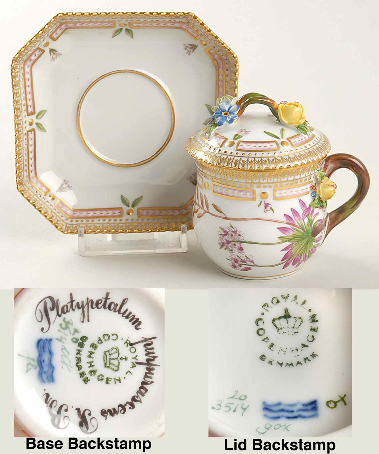 Flora Danica (1961 To Current) Round Custard Cup, Saucer & Lid-Platypetalum purpu by Royal Copenhagen-1