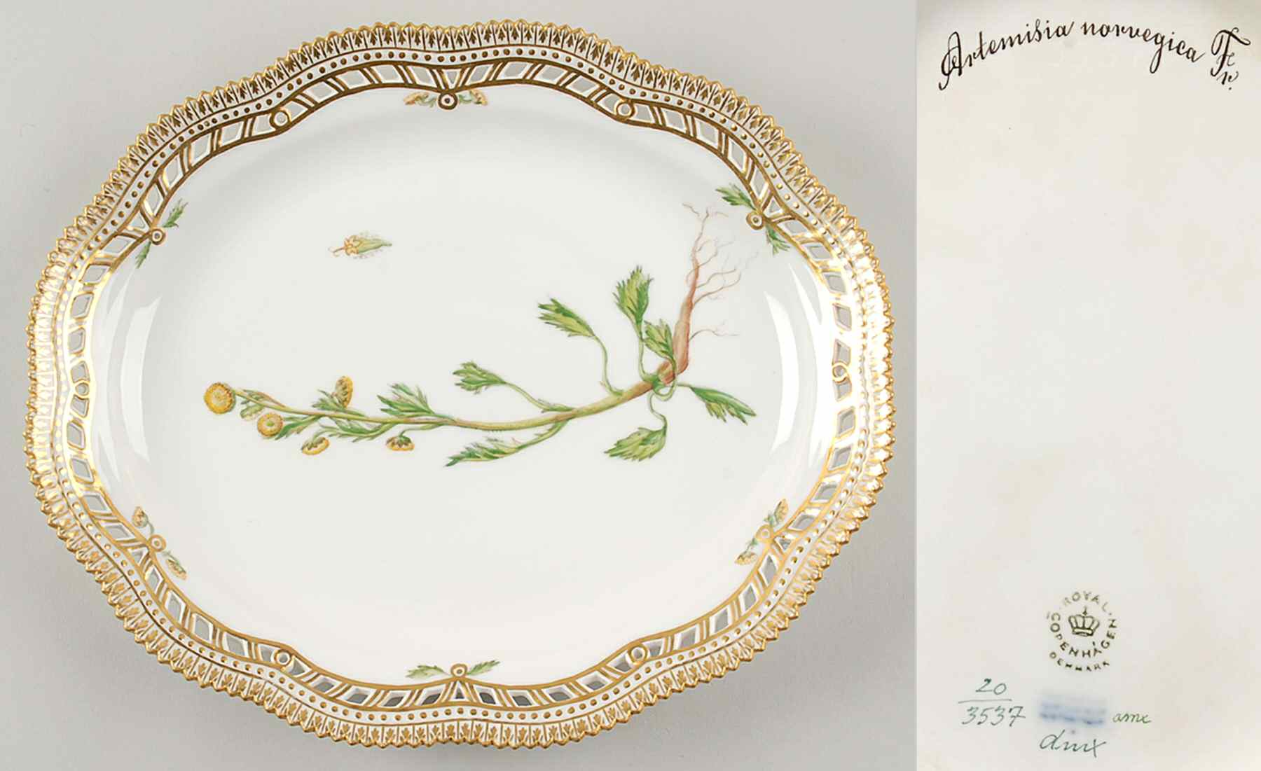 Flora Danica (1961 To Current) 10" Oval Fruit Stand-Artemisia norvegica Fr by Royal Copenhagen-1
