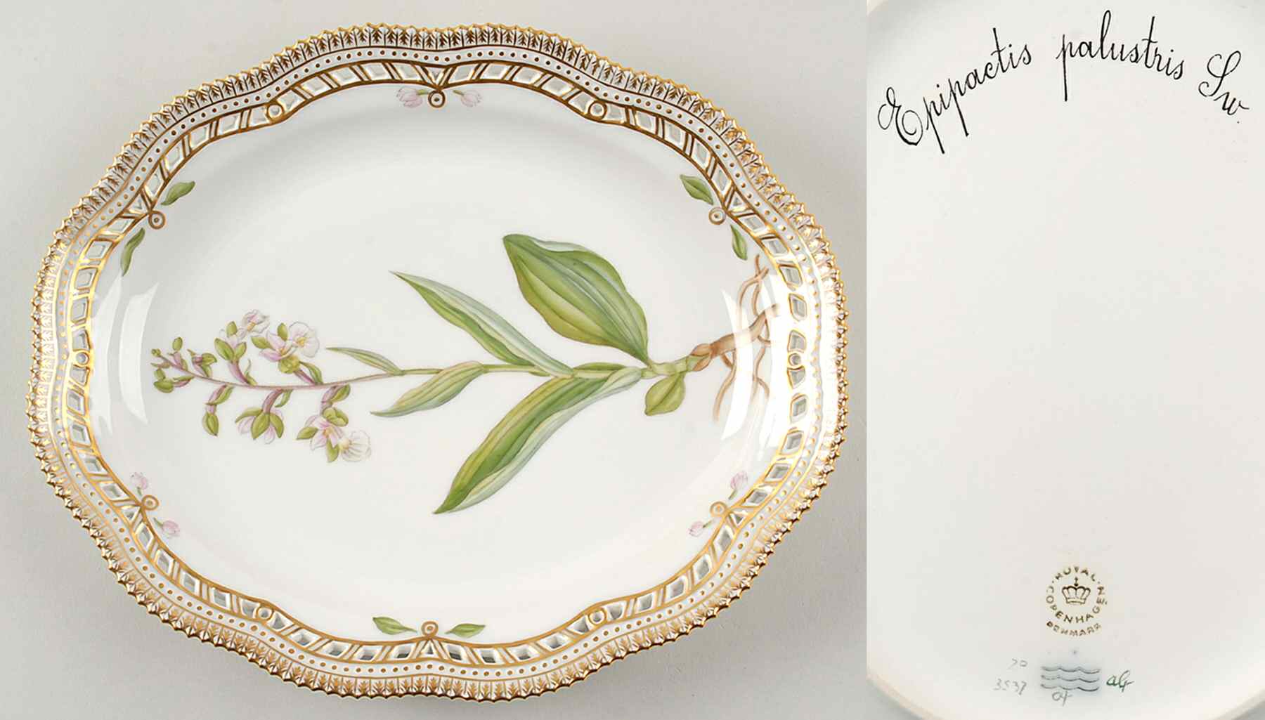 Flora Danica (1961 To Current) 10" Oval Fruit Stand-Epipactis palustris Sw by Royal Copenhagen-1