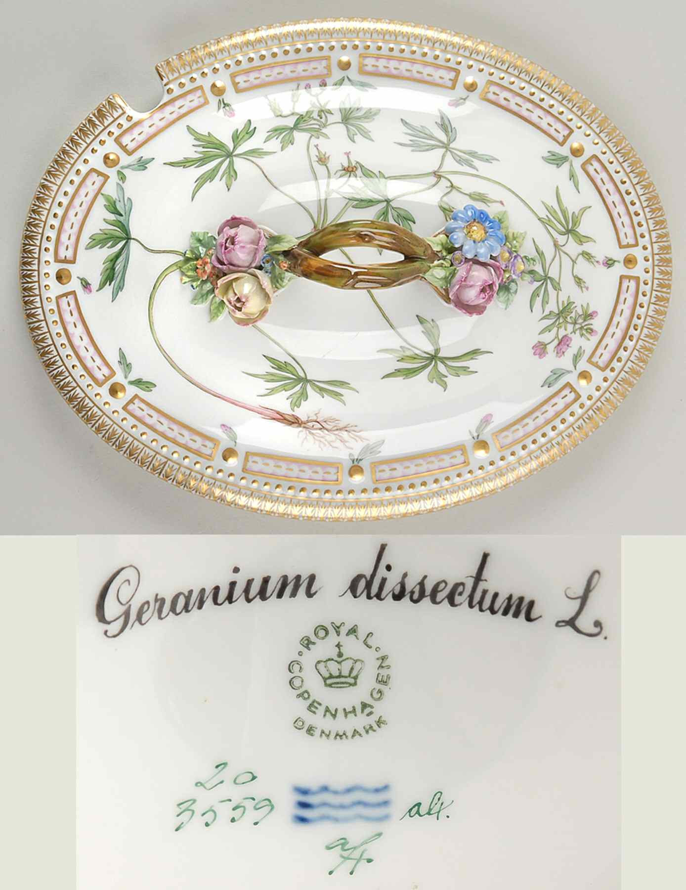 Flora Danica (1961 To Current) Lid for 4 Quart Oval Tureen-Geranium disseetum L. by Royal Copenhagen-1