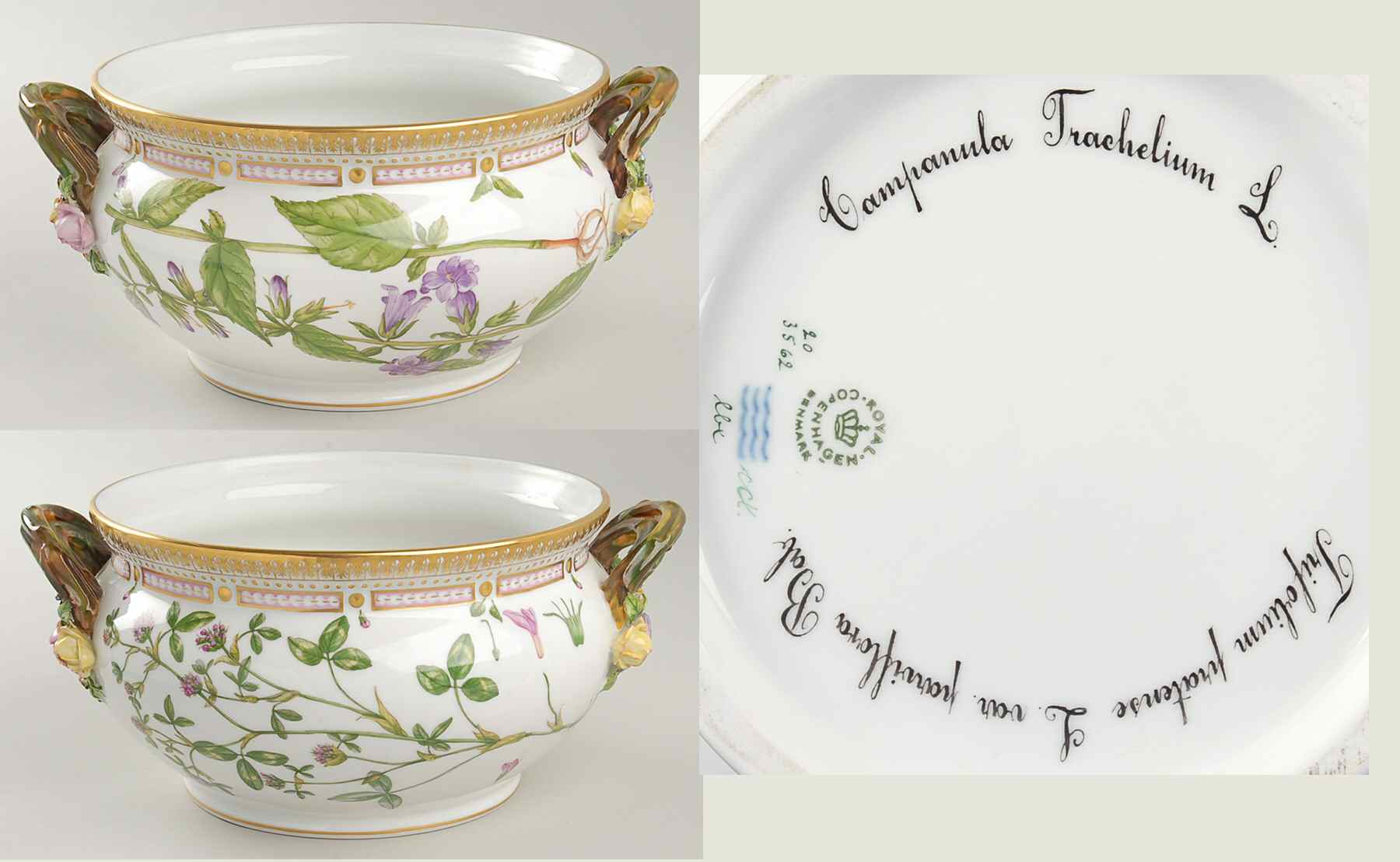 Flora Danica (1961 To Current) 3 Qt Tureen No Lid-Campanula Tra, Trifolium praten by Royal Copenhagen-1