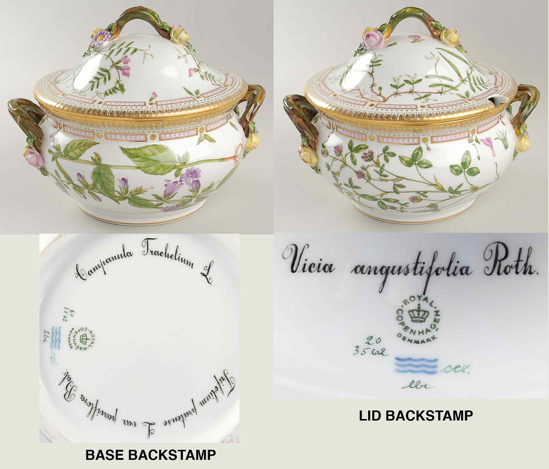 Flora Danica (1961 To Current) 3 Qt Tureen w/Lid-Campan tra, Trifolium Prat,Vicia by Royal Copenhagen-1