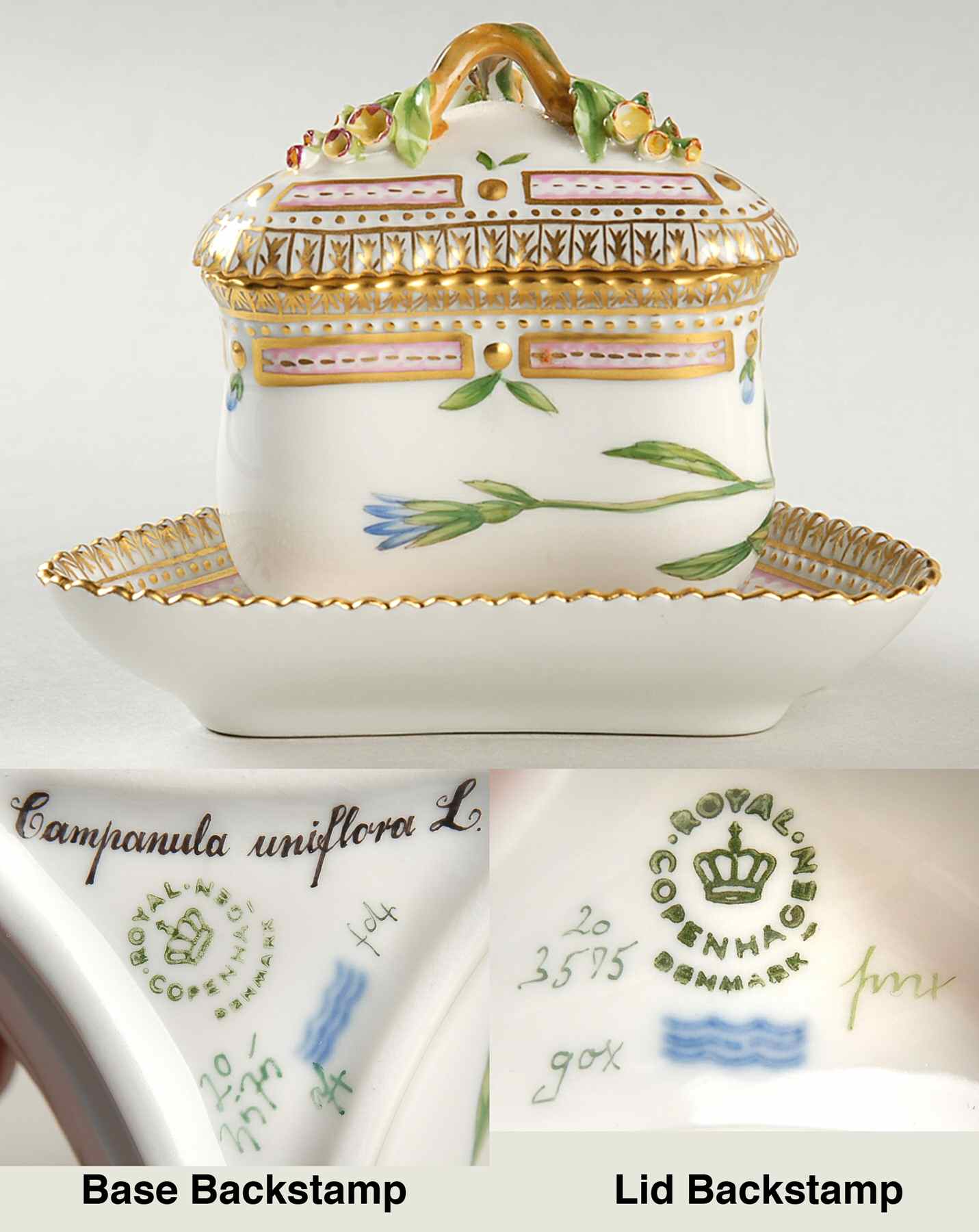 Flora Danica (1961 To Current) Triangular Custard Cup, Saucer & Lid-Campanula uni by Royal Copenhagen-1