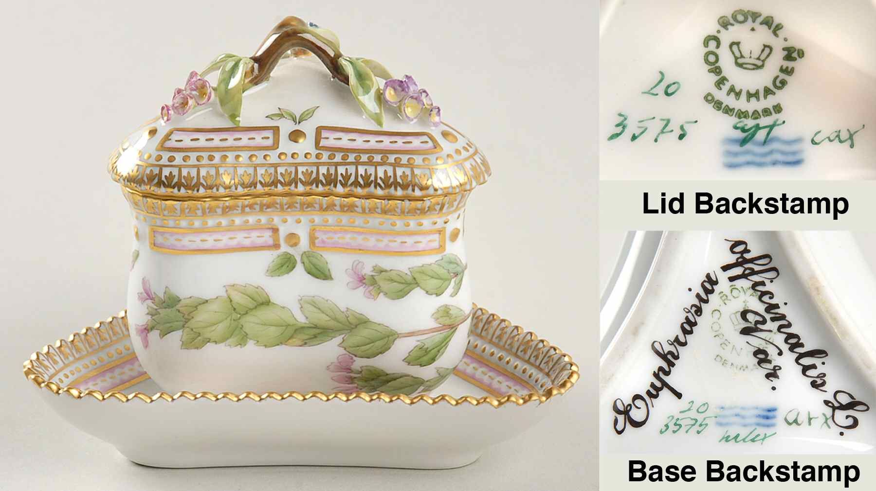 Flora Danica (1961 To Current) Triangular Custard Cup, Saucer & Lid-Euphrasia off by Royal Copenhagen-1