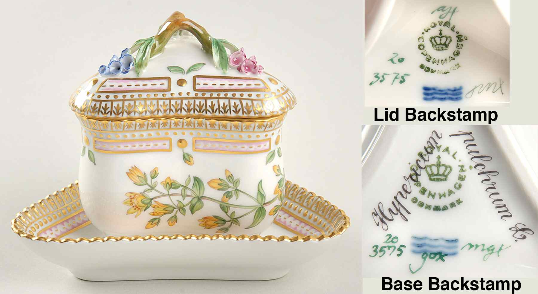Flora Danica (1961 To Current) Triangular Custard Cup, Saucer & Lid-Hypericum pul by Royal Copenhagen-1