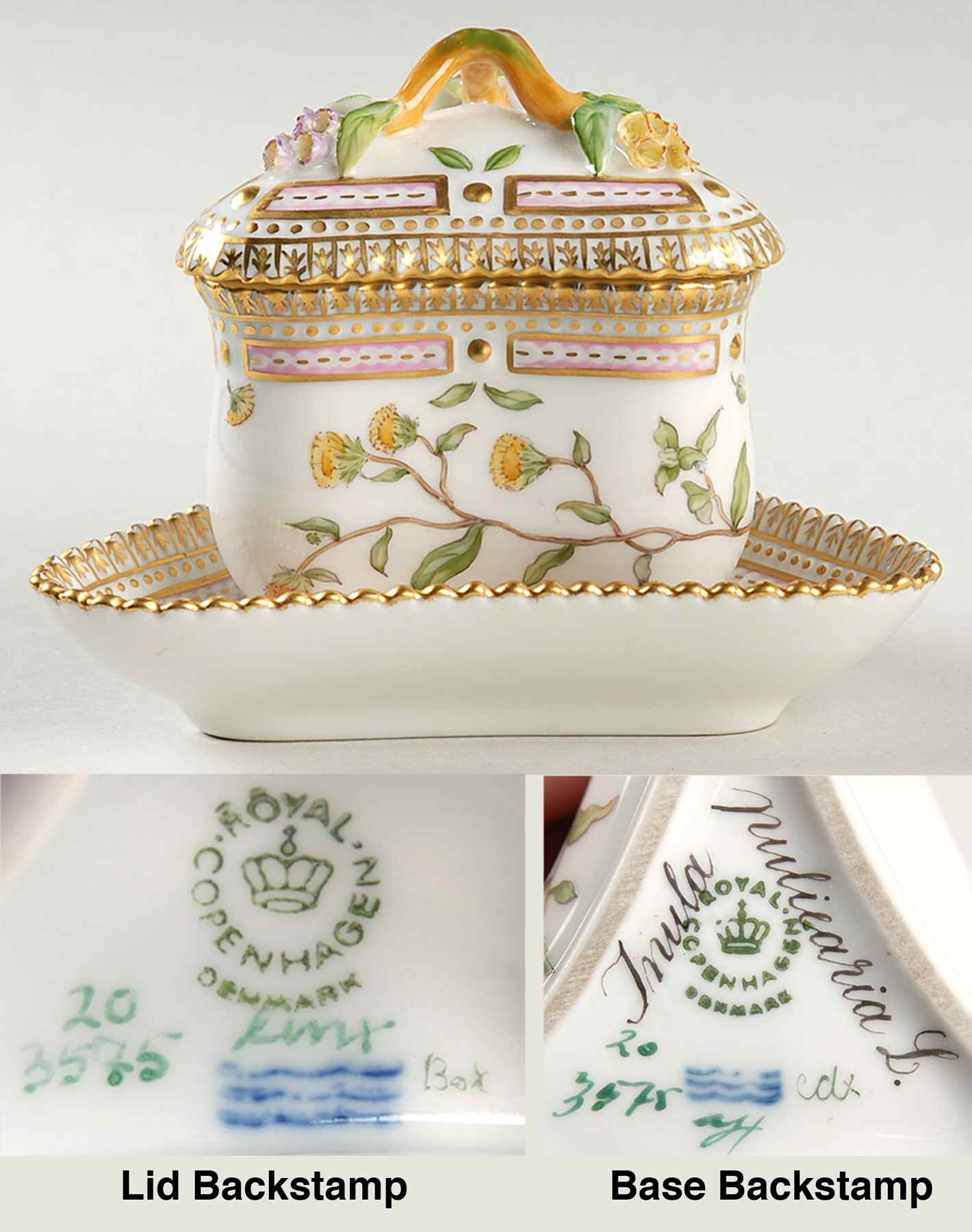 Flora Danica (1961 To Current) Triangular Custard Cup, Saucer & Lid-Inula pulicar by Royal Copenhagen-1