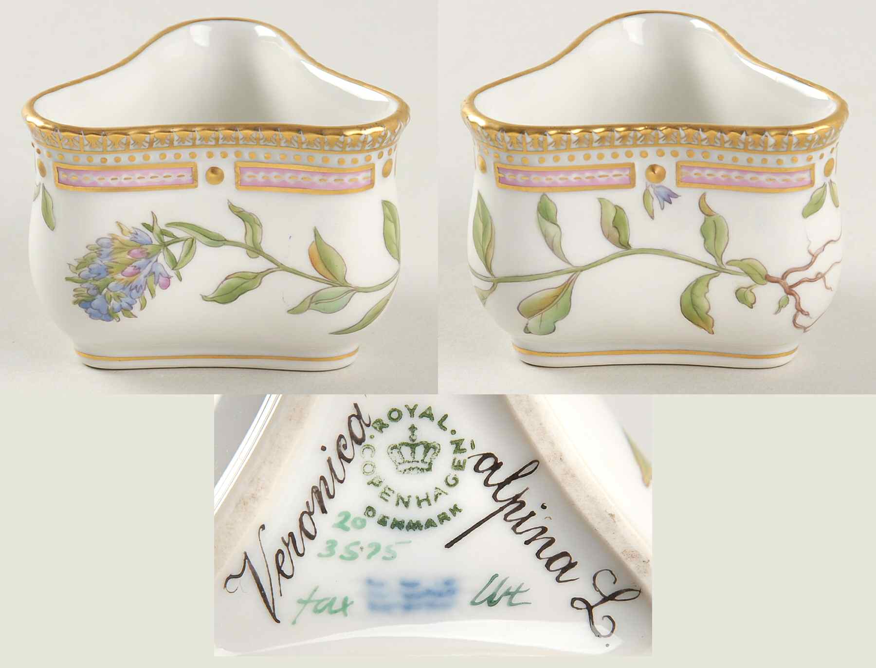 Flora Danica (1961 To Current) Triangular Custard Cup-Veronica alpina L by Royal Copenhagen-1