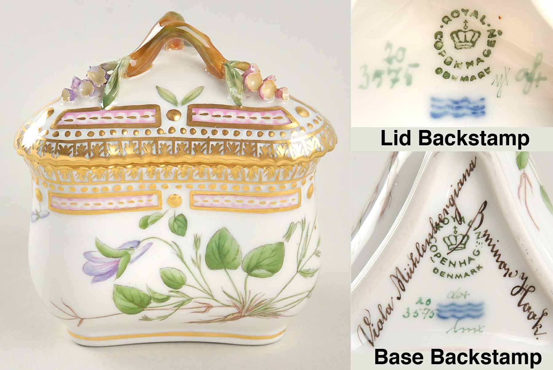 Flora Danica (1961 To Current) Triangular Custard Cup & Lid-Viola Muhlenbergiana by Royal Copenhagen-1