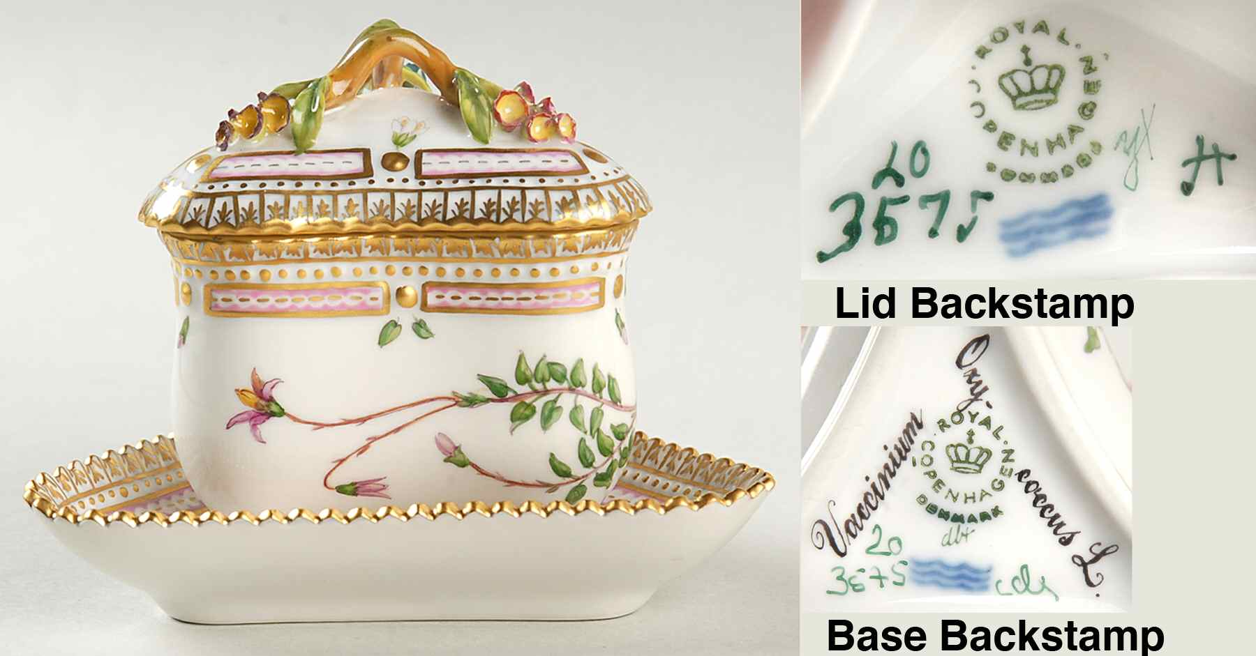 Flora Danica (1961 To Current) Triangular Custard Cup, Saucer & Lid-Vaccinium Oxy by Royal Copenhagen-1