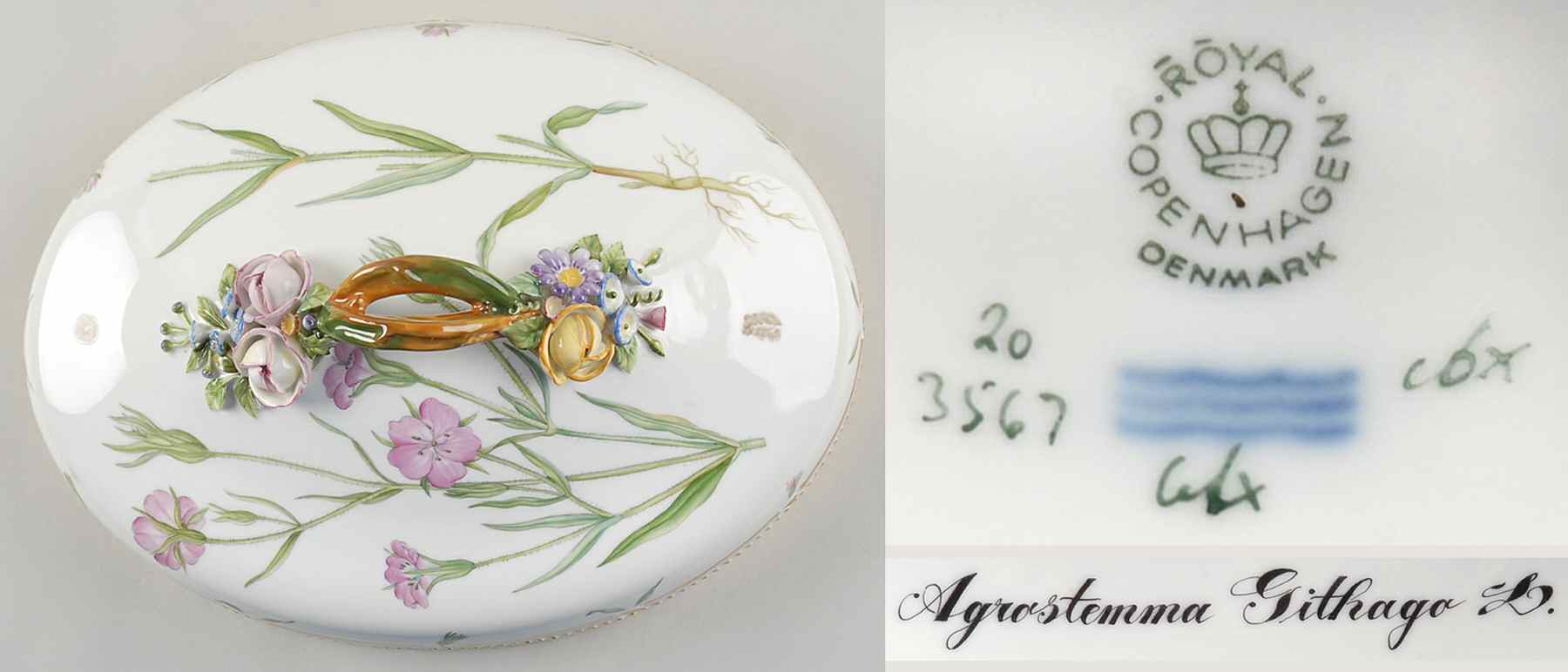 Flora Danica (1961 To Current) Lid for Oval Vegetable-Agrostemma Githago L by Royal Copenhagen-1